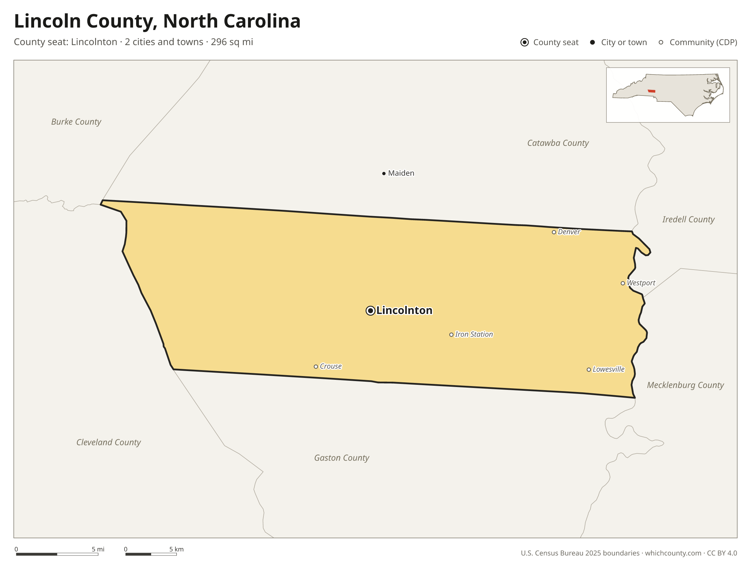 Map of Lincoln County, North Carolina with cities, towns and the county boundary