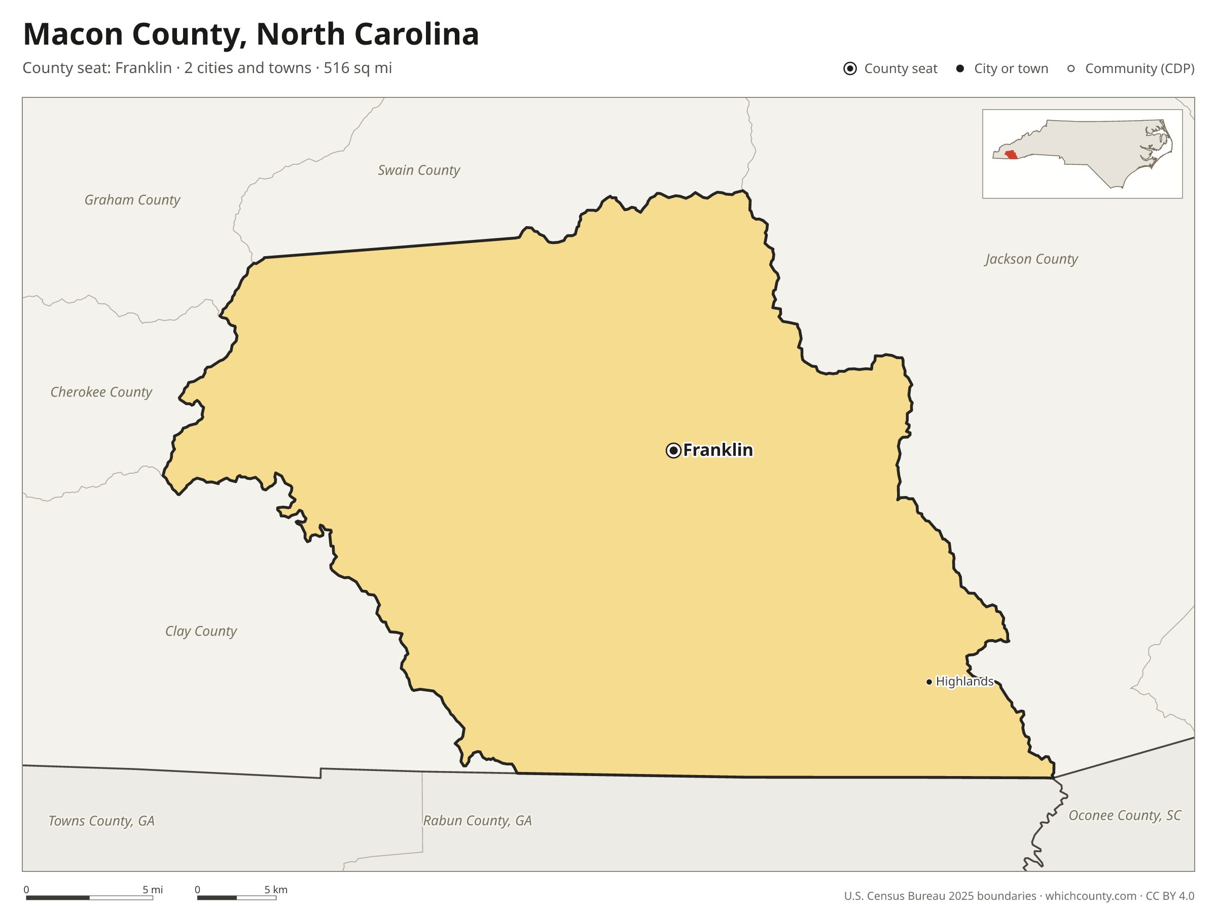 Map of Macon County, North Carolina with cities, towns and the county boundary