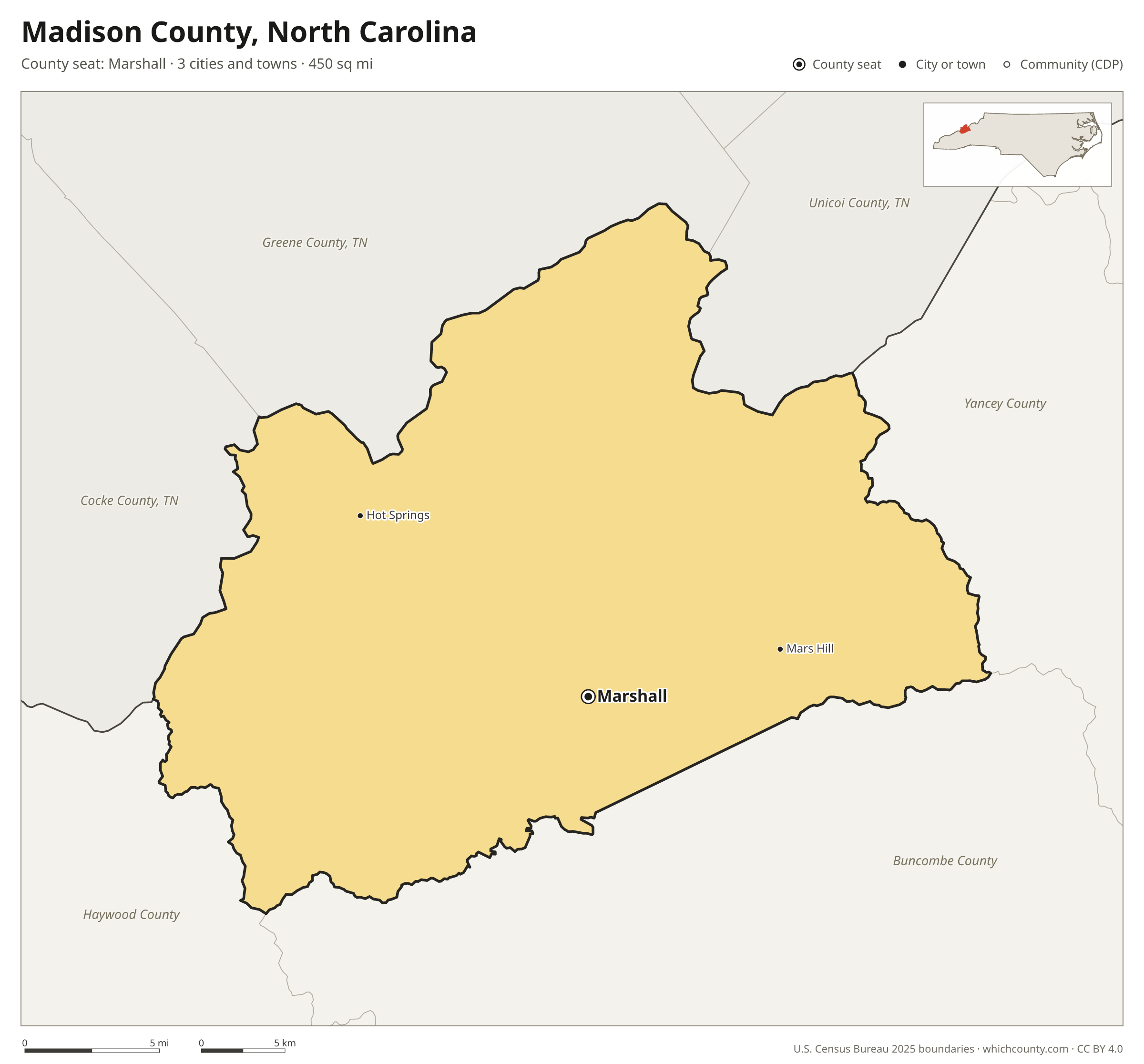 Map of Madison County, North Carolina with cities, towns and the county boundary