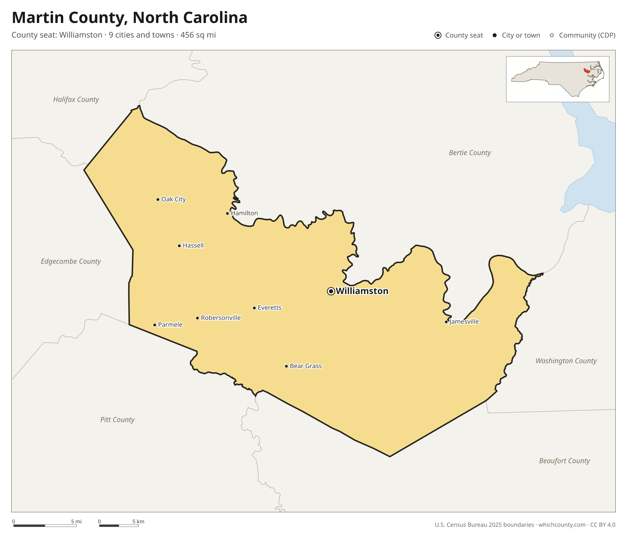 Map of Martin County, North Carolina with cities, towns and the county boundary