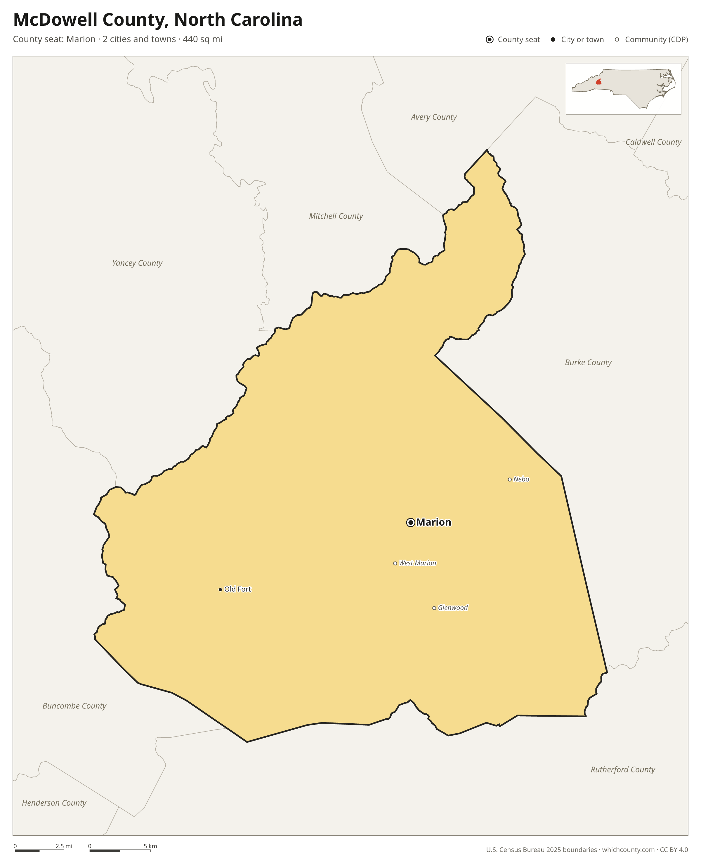 Map of McDowell County, North Carolina with cities, towns and the county boundary