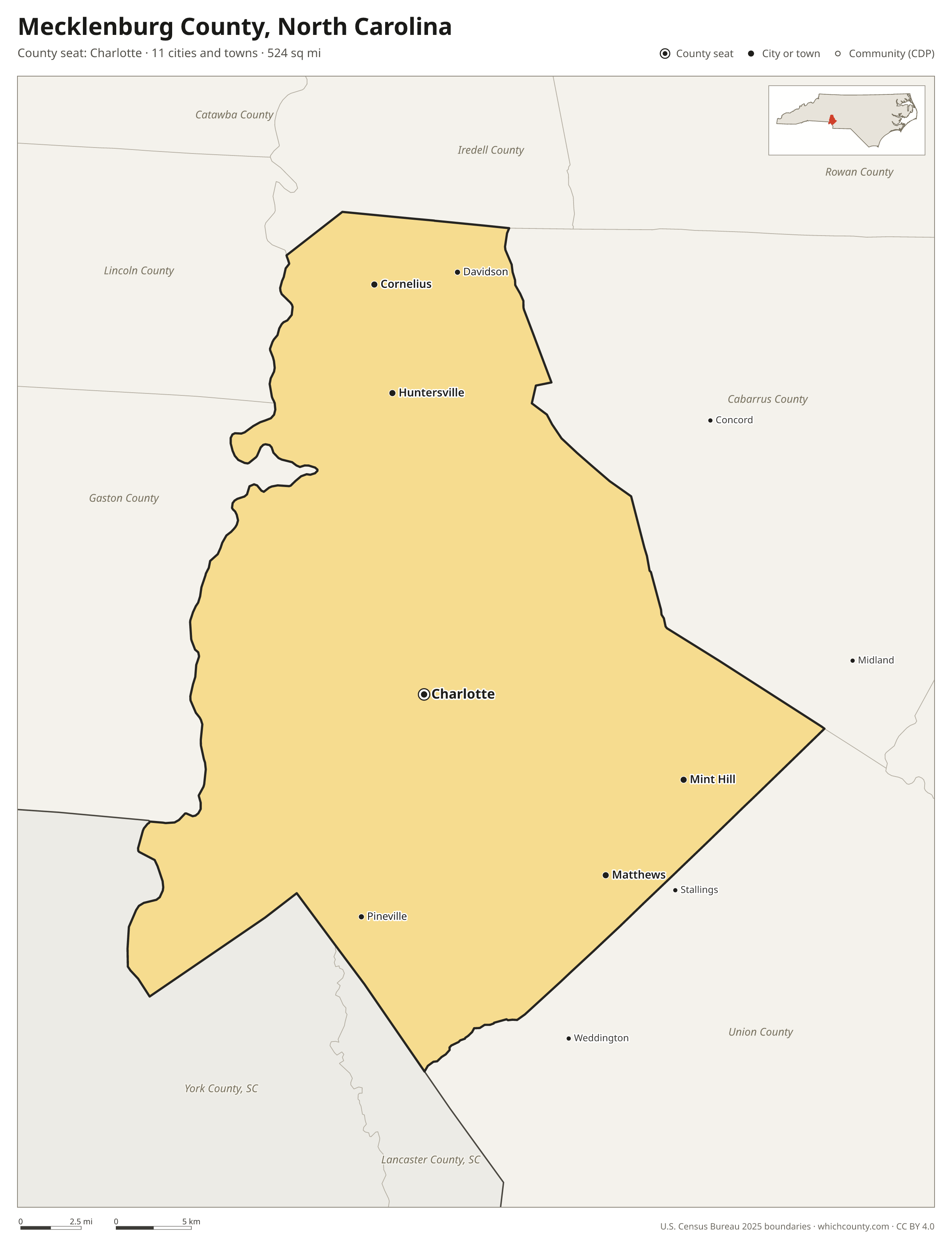 Map of Mecklenburg County, North Carolina with cities, towns and the county boundary
