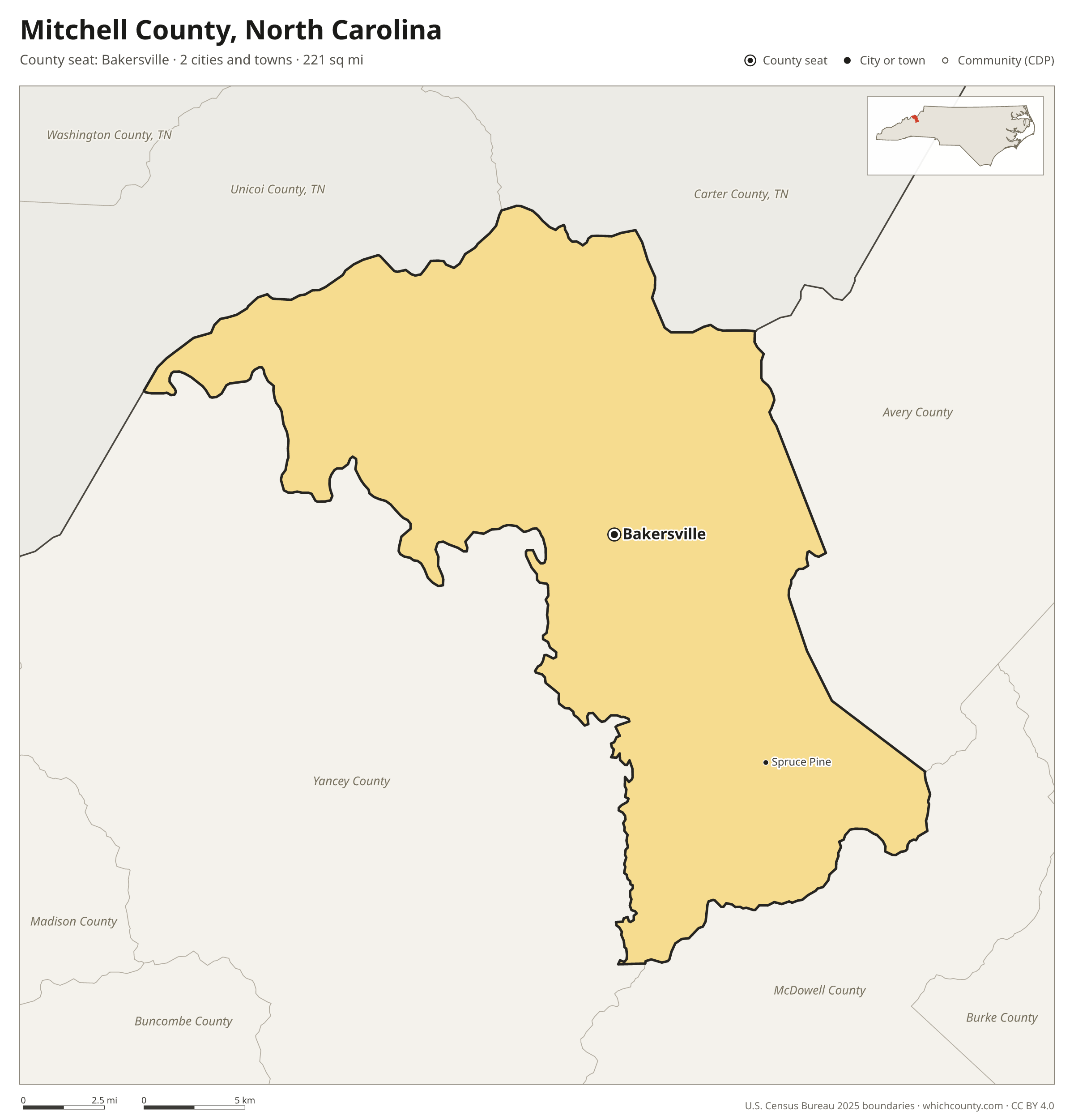 Map of Mitchell County, North Carolina with cities, towns and the county boundary