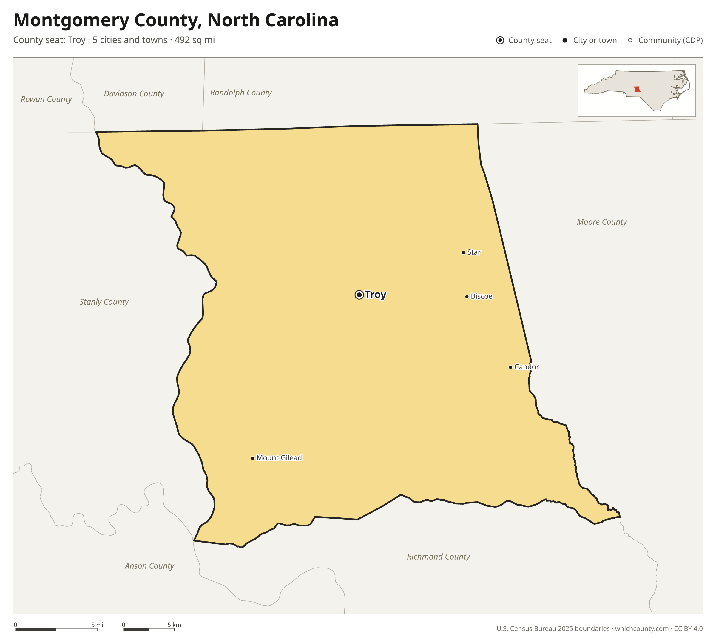 Map of Montgomery County, North Carolina with cities, towns and the county boundary