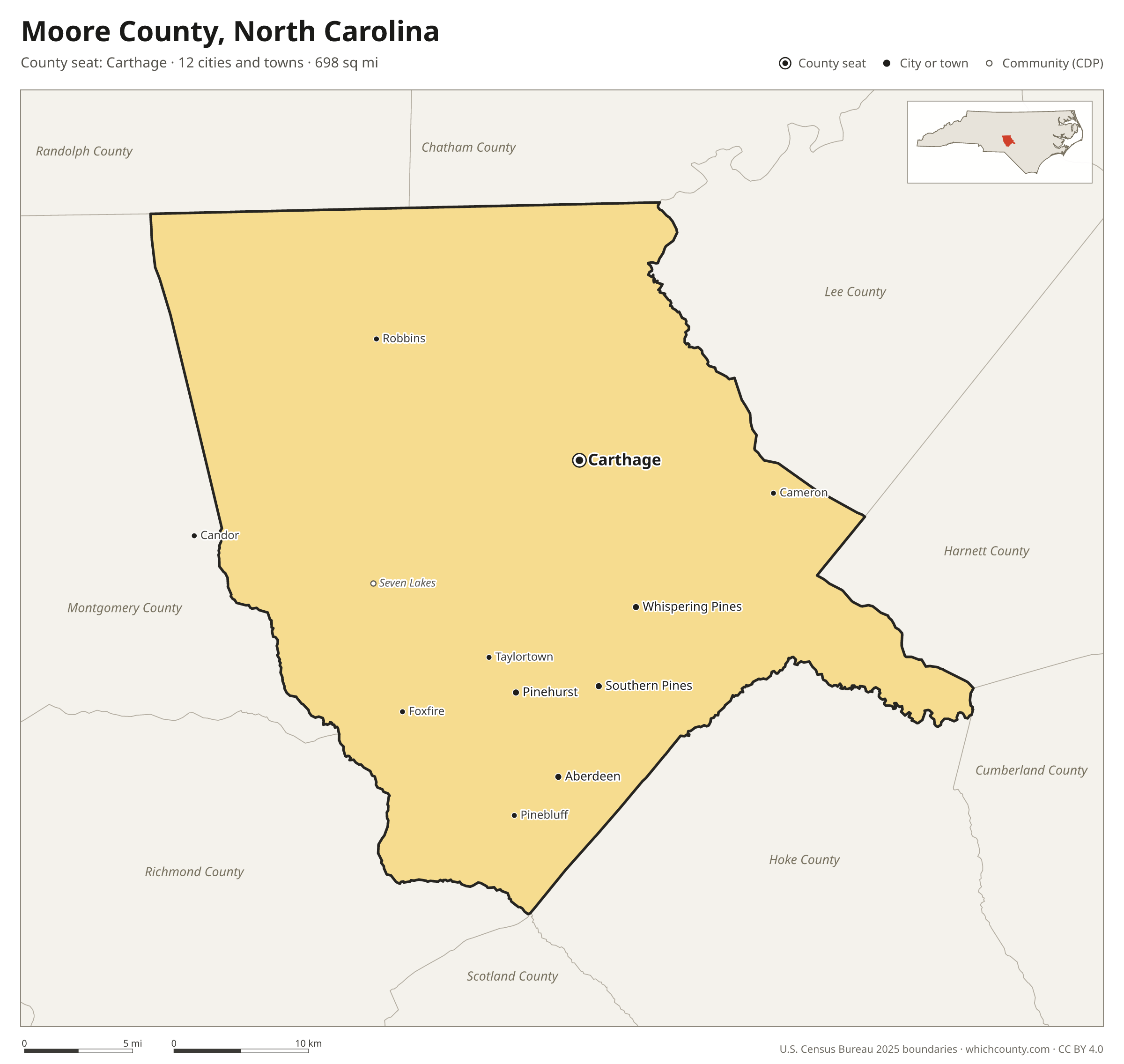 Map of Moore County, North Carolina with cities, towns and the county boundary