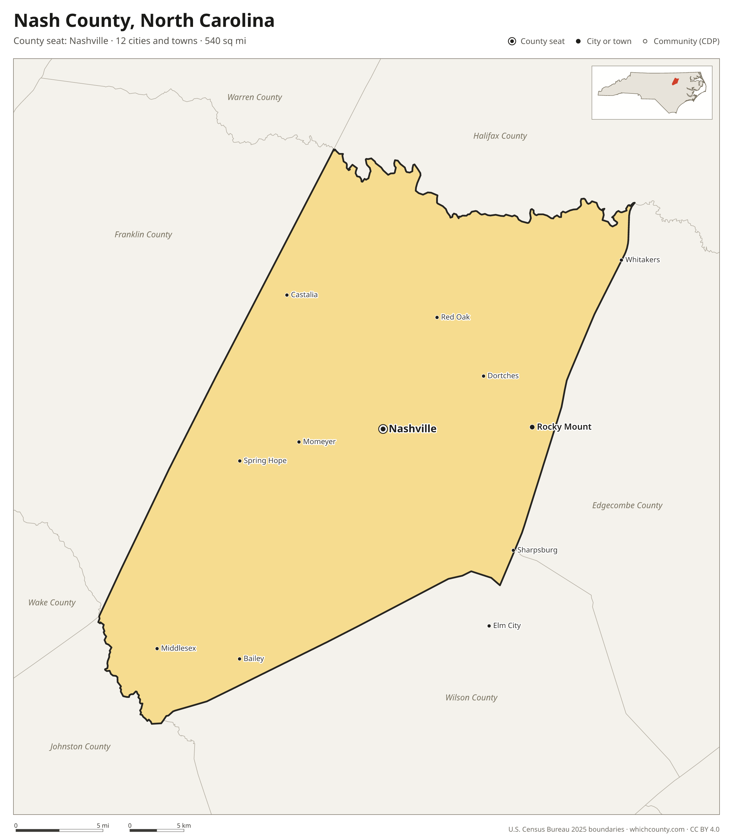 Map of Nash County, North Carolina with cities, towns and the county boundary
