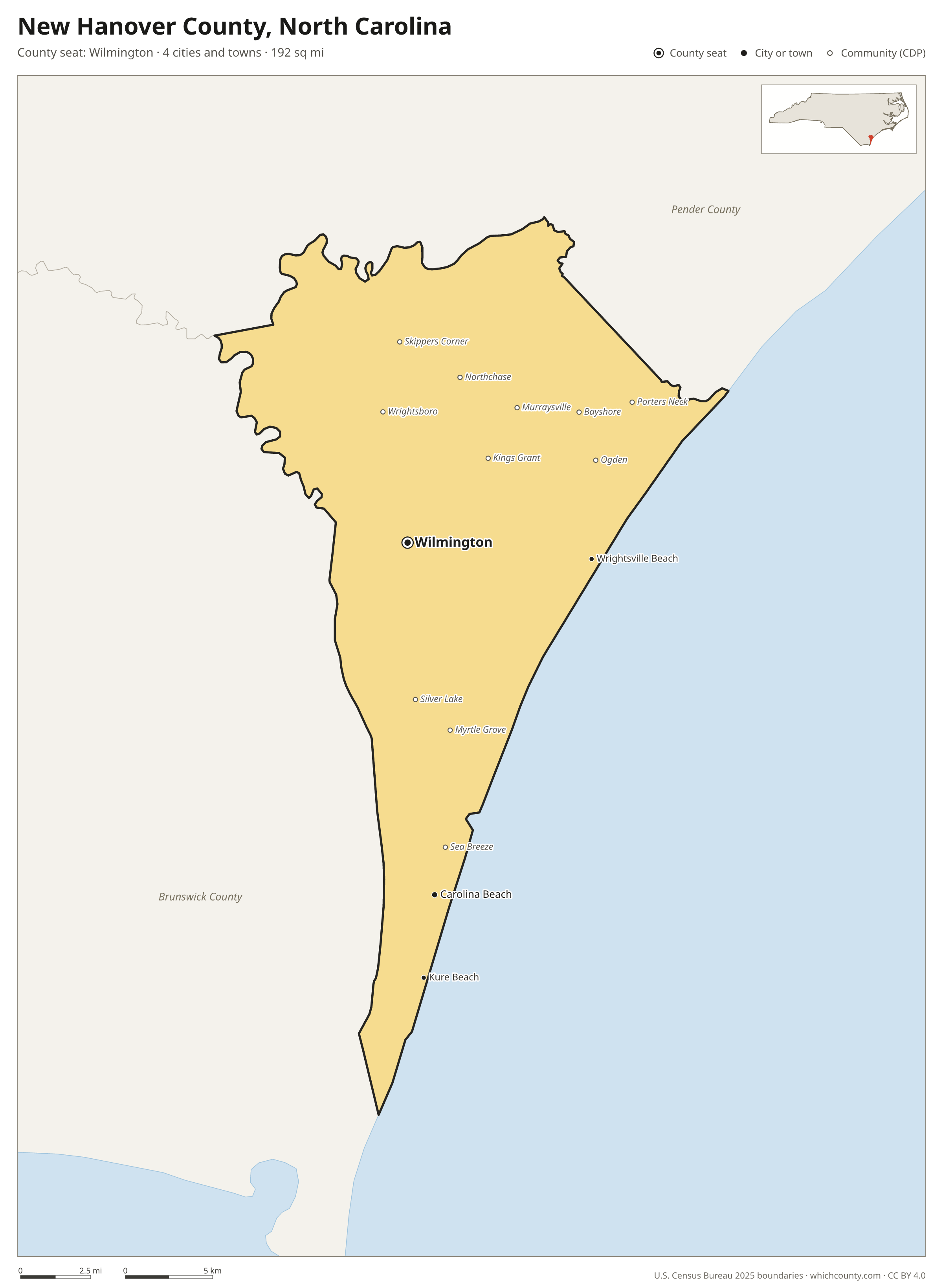 Map of New Hanover County, North Carolina with cities, towns and the county boundary