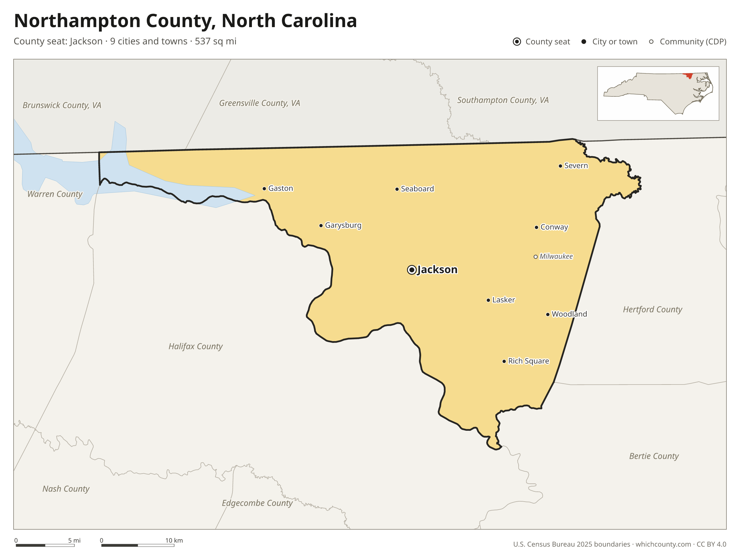 Map of Northampton County, North Carolina with cities, towns and the county boundary