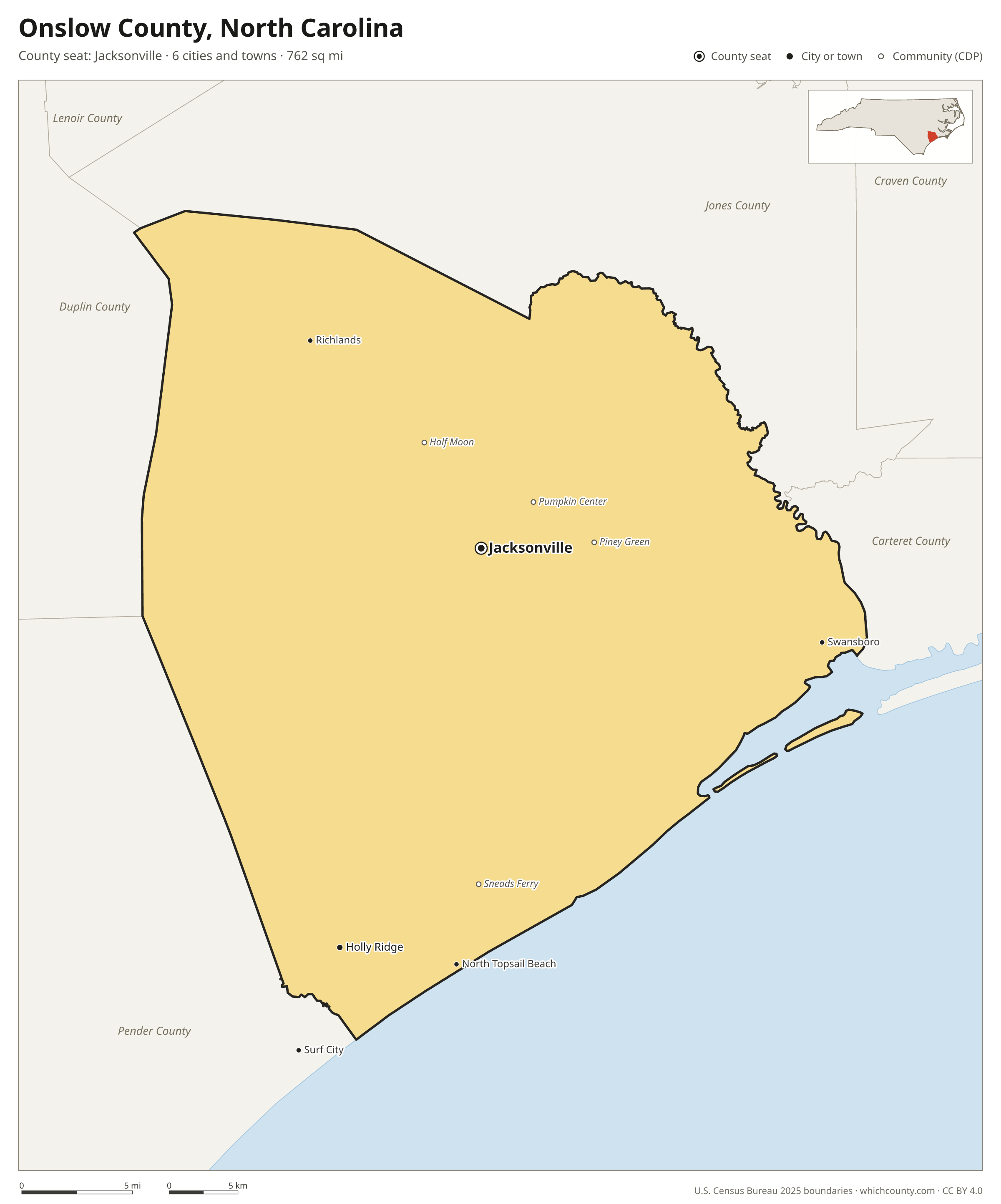 Map of Onslow County, North Carolina with cities, towns and the county boundary