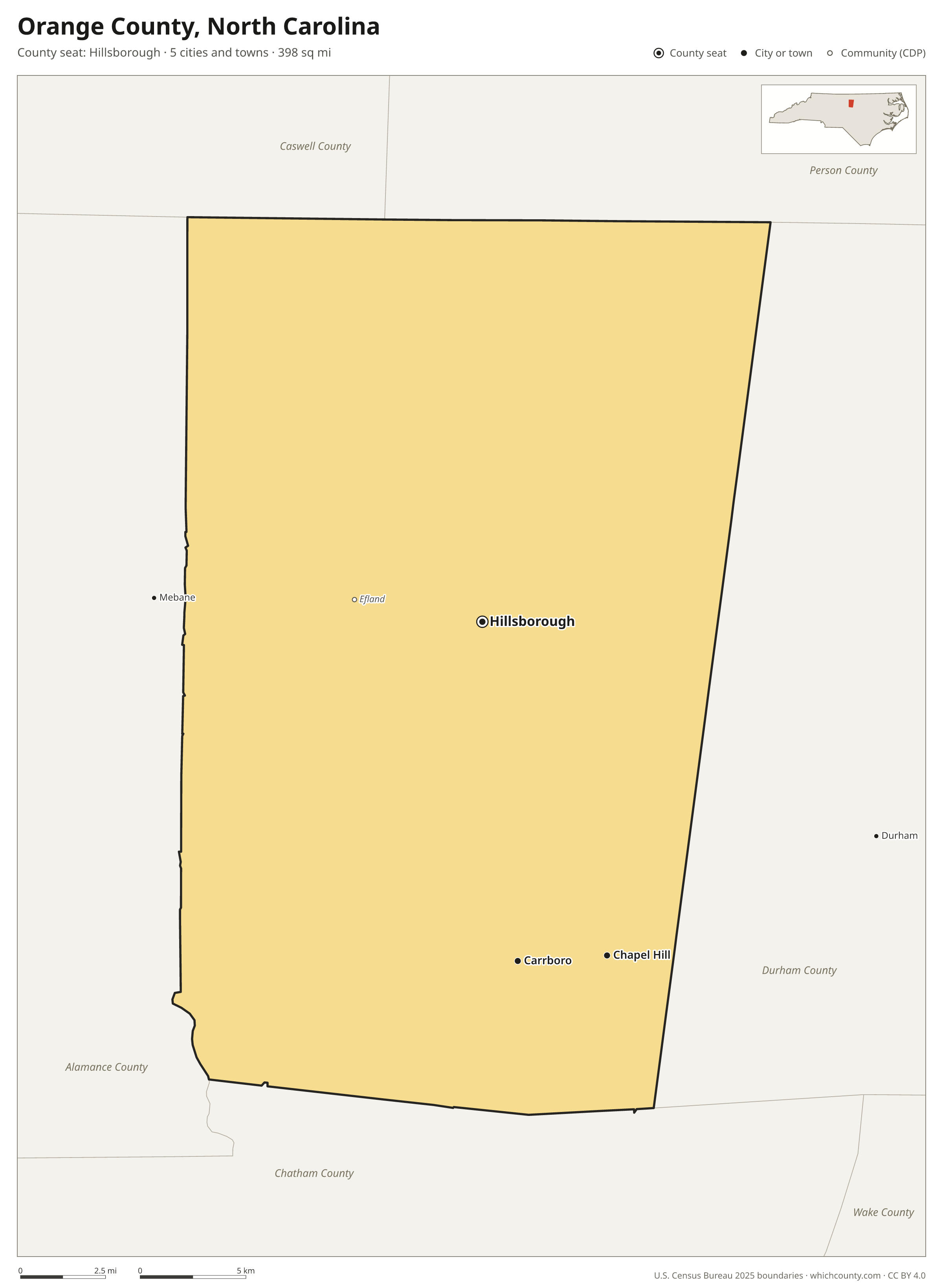 Map of Orange County, North Carolina with cities, towns and the county boundary