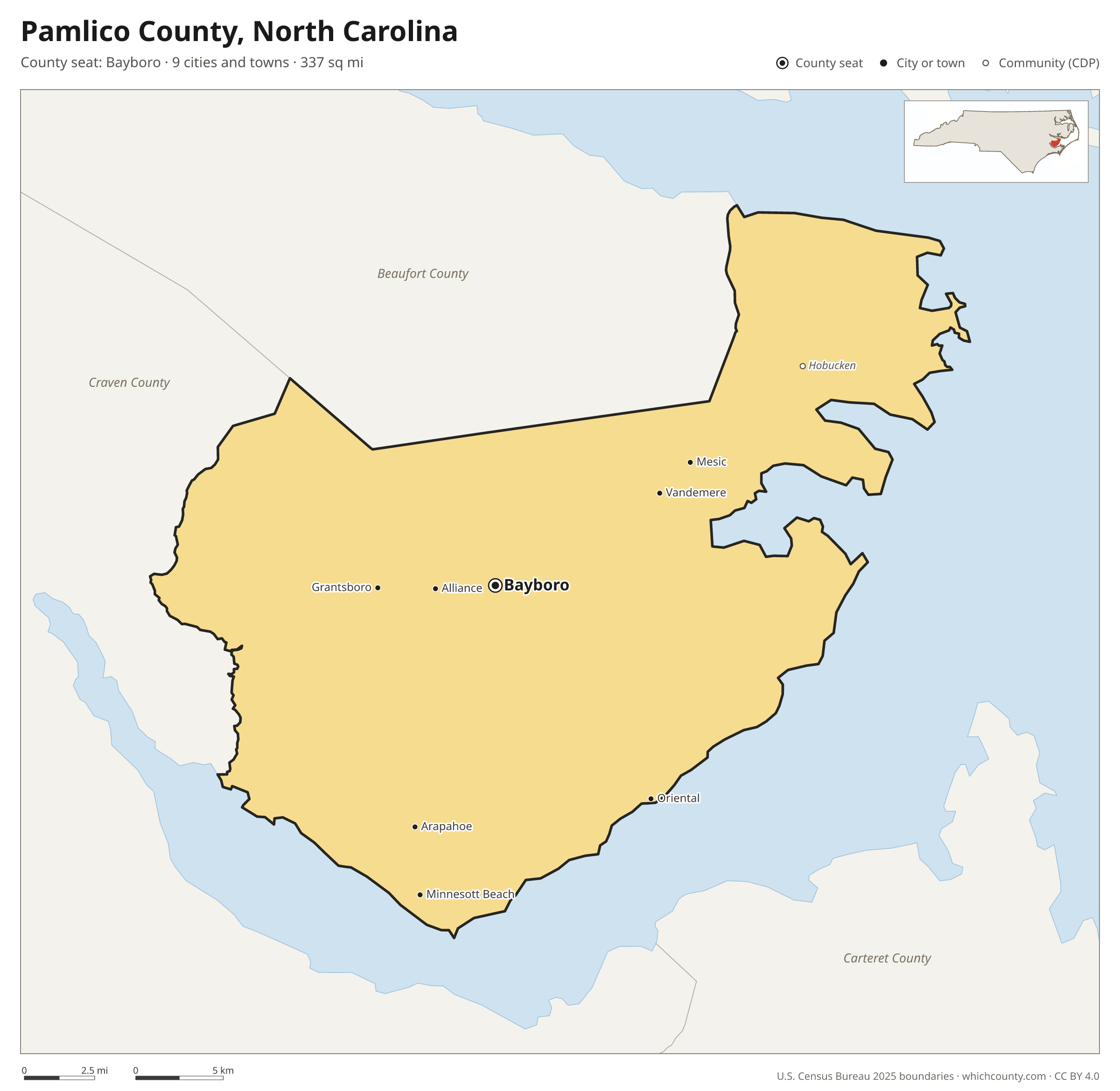Map of Pamlico County, North Carolina with cities, towns and the county boundary