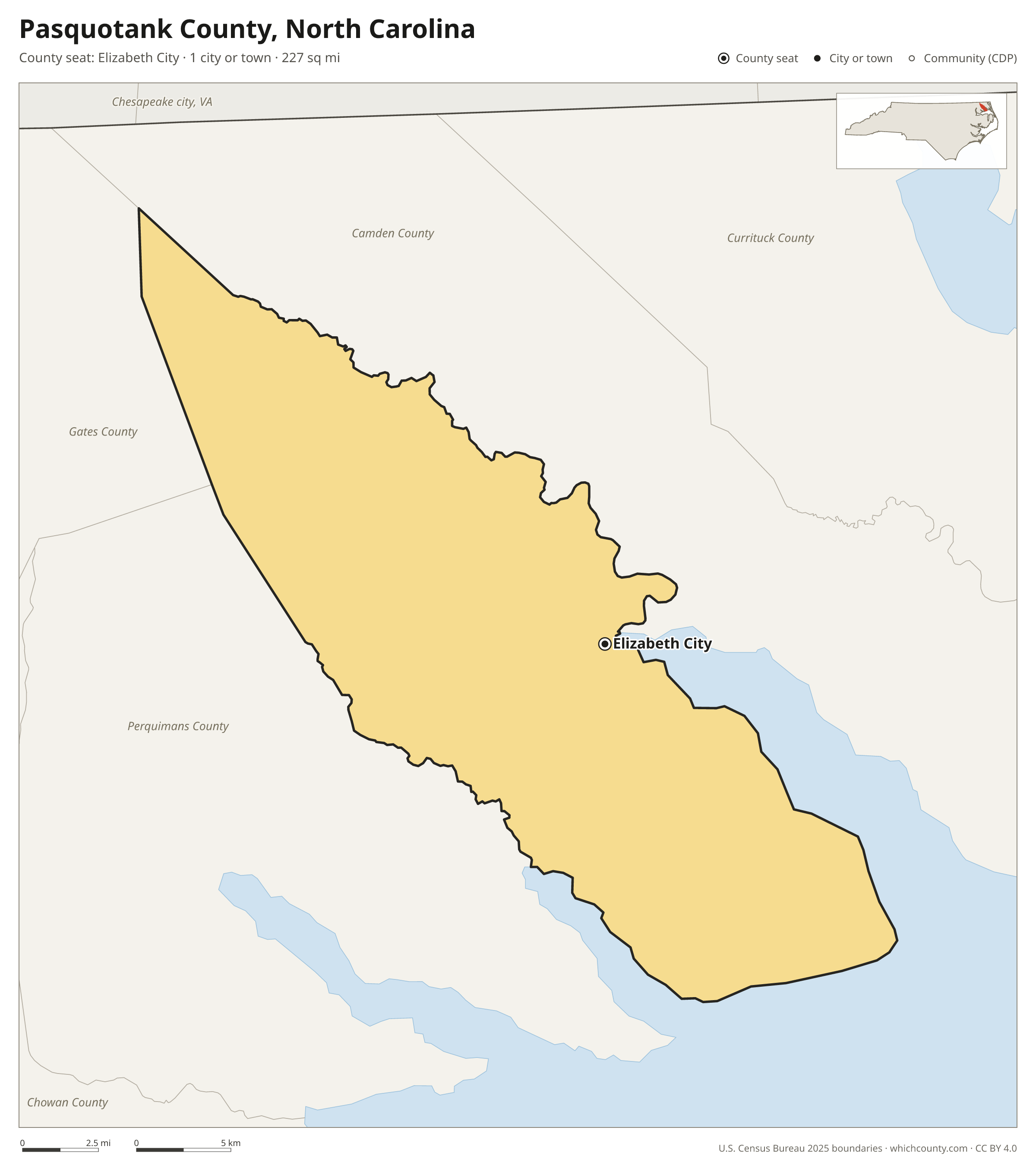 Map of Pasquotank County, North Carolina with cities, towns and the county boundary