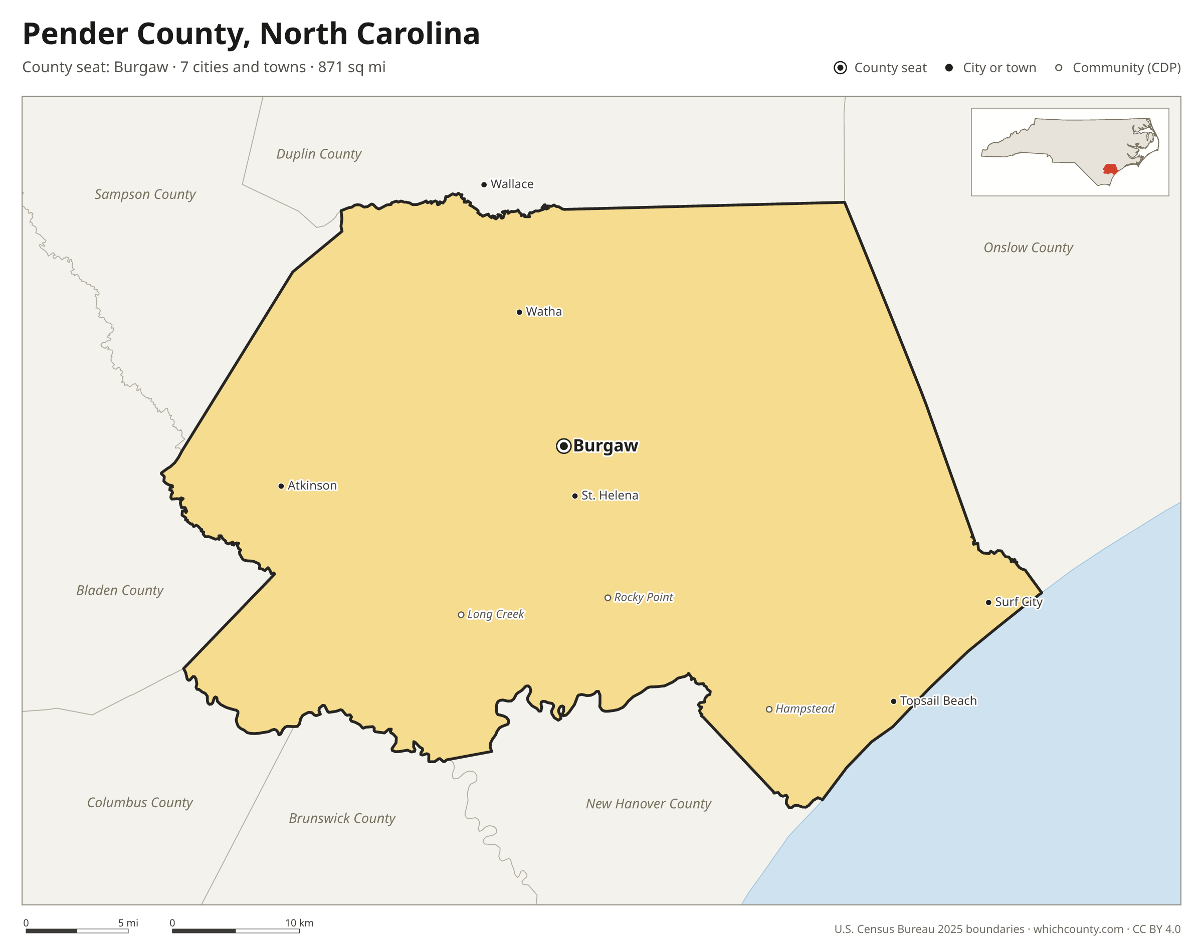 Map of Pender County, North Carolina with cities, towns and the county boundary