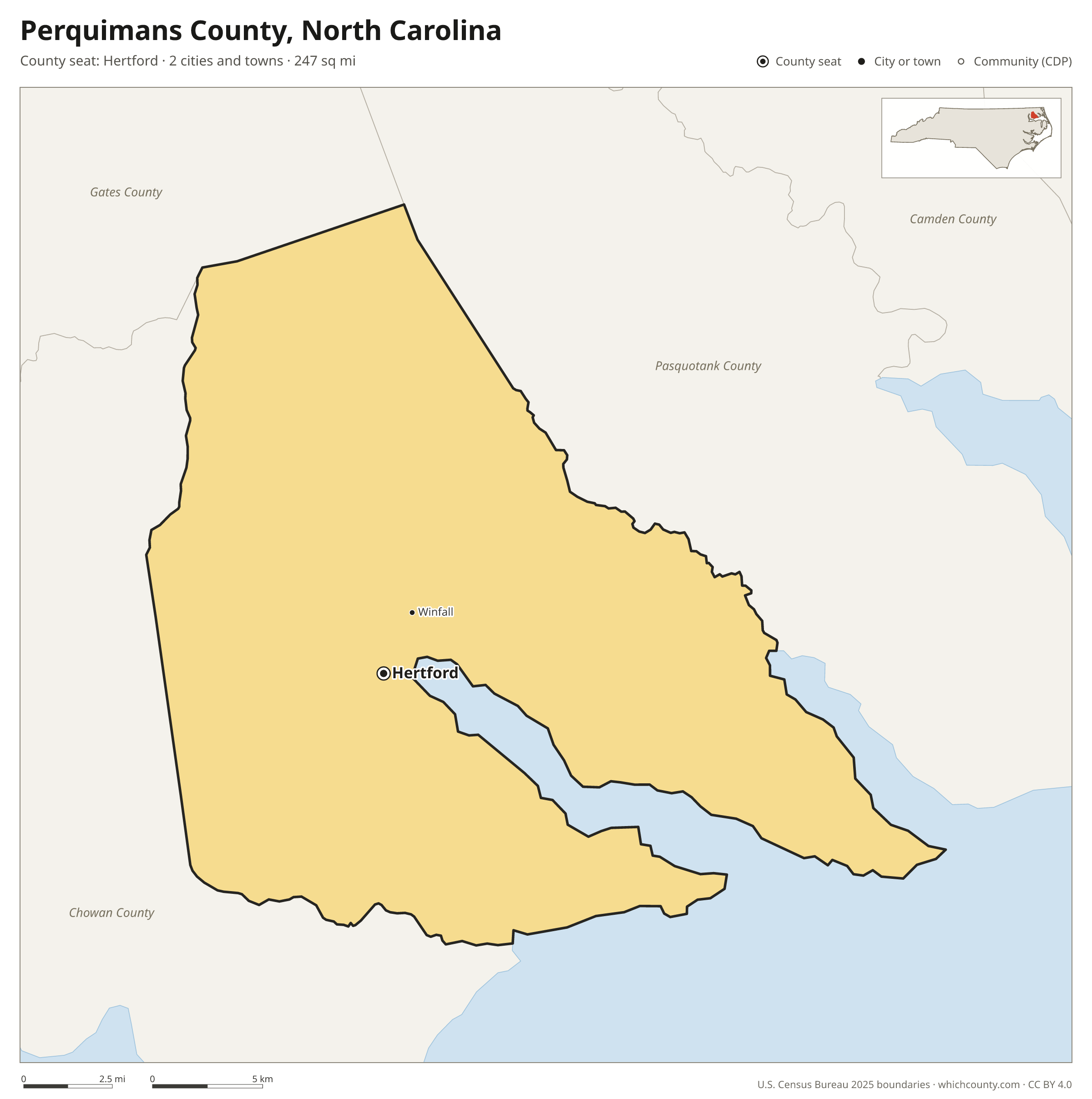 Map of Perquimans County, North Carolina with cities, towns and the county boundary