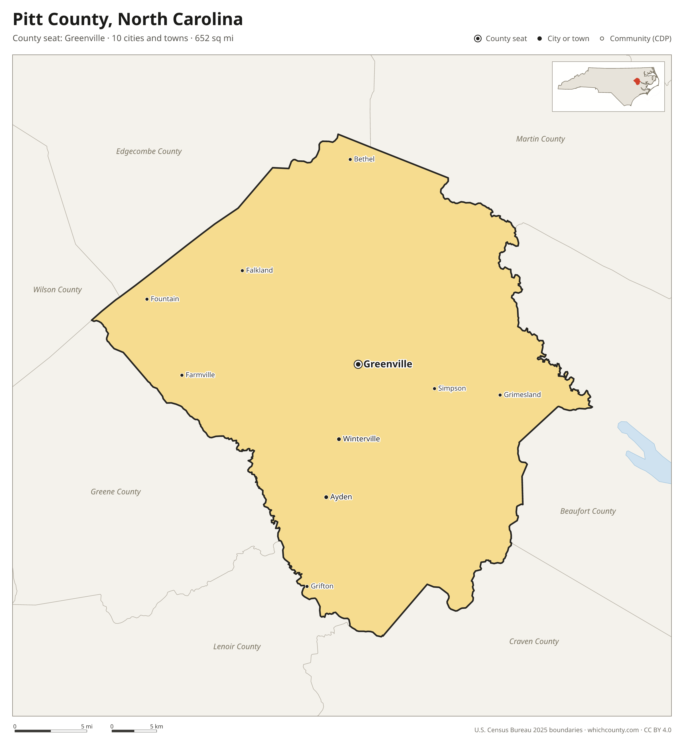 Map of Pitt County, North Carolina with cities, towns and the county boundary