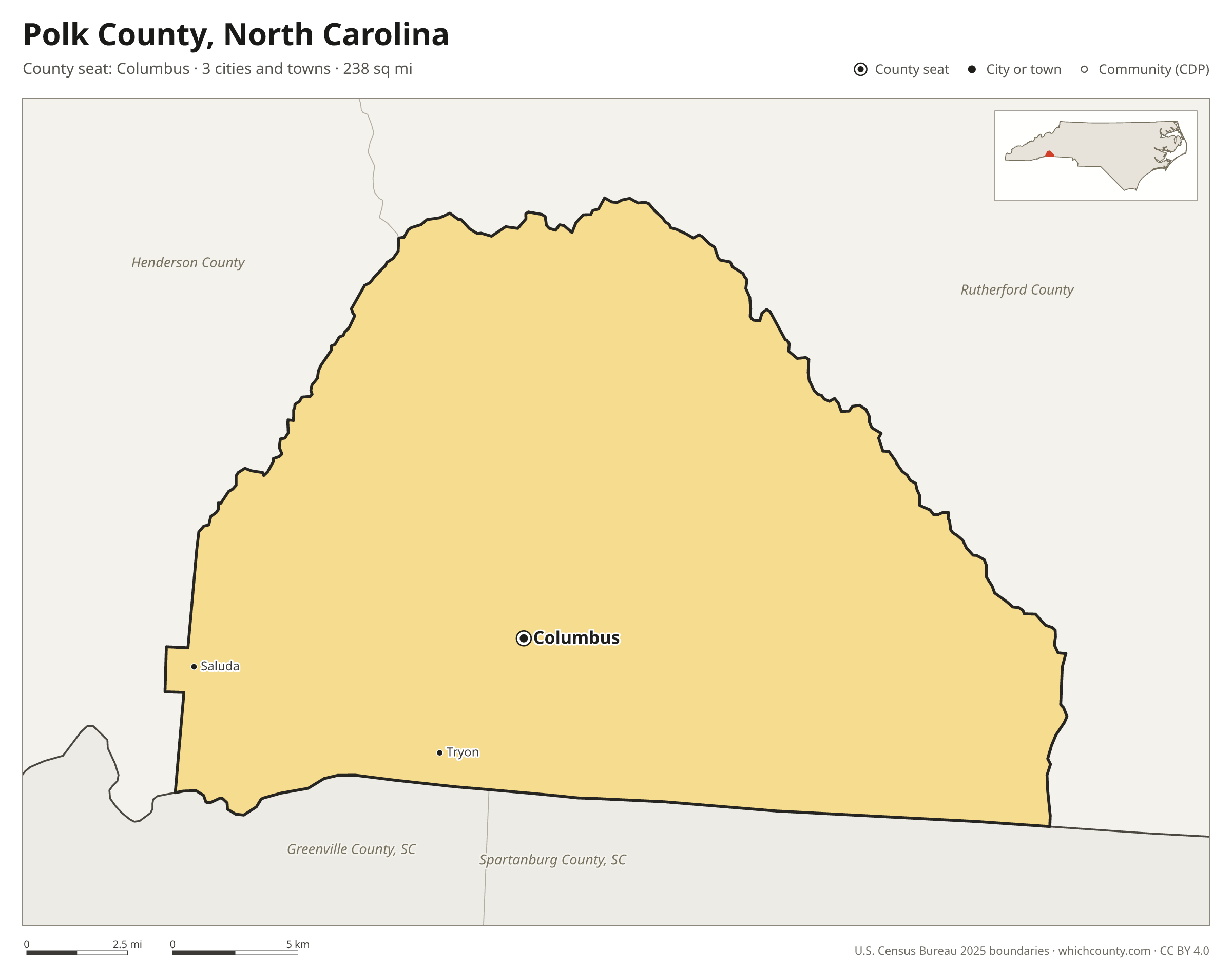 Map of Polk County, North Carolina with cities, towns and the county boundary