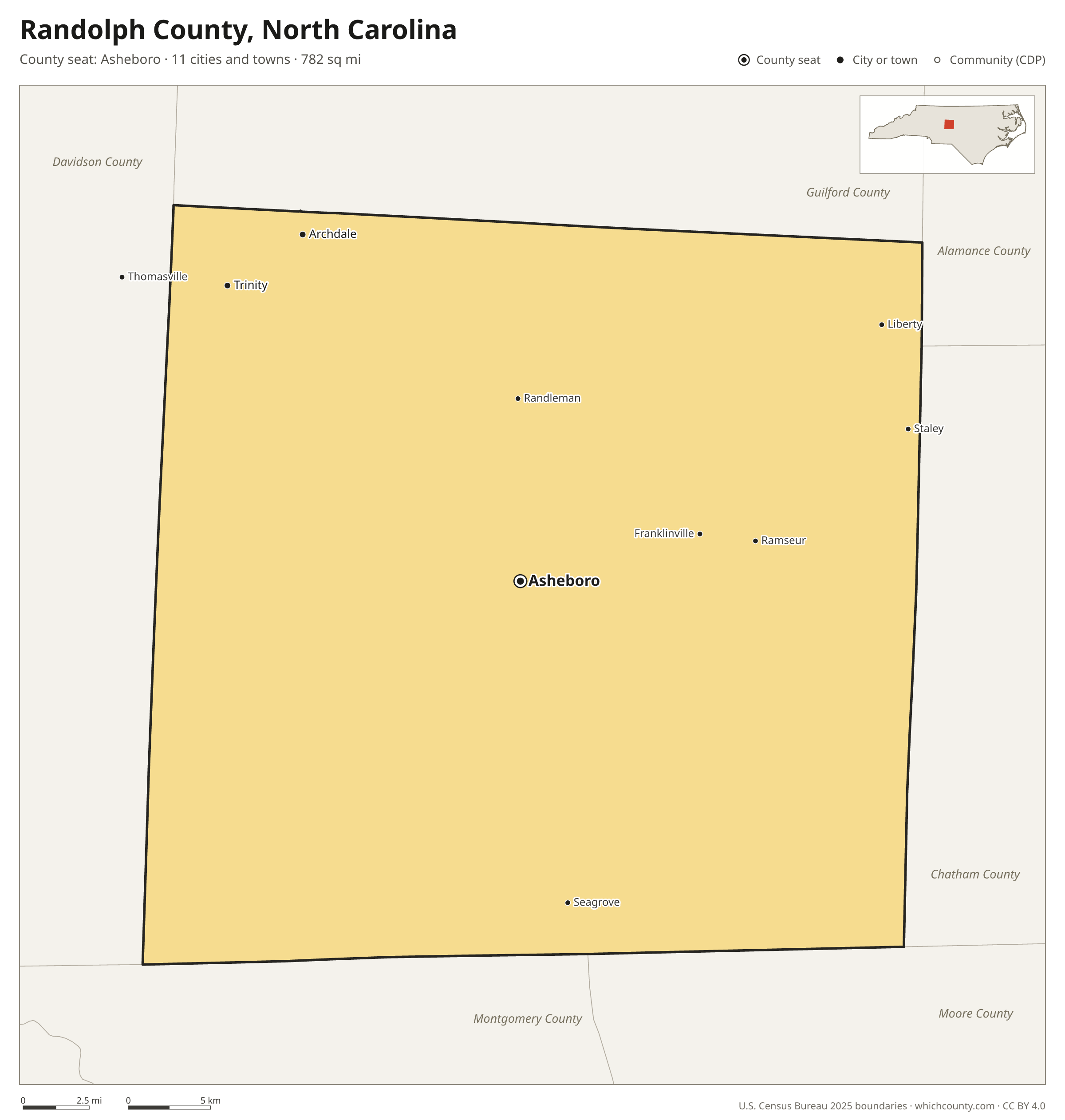 Map of Randolph County, North Carolina with cities, towns and the county boundary