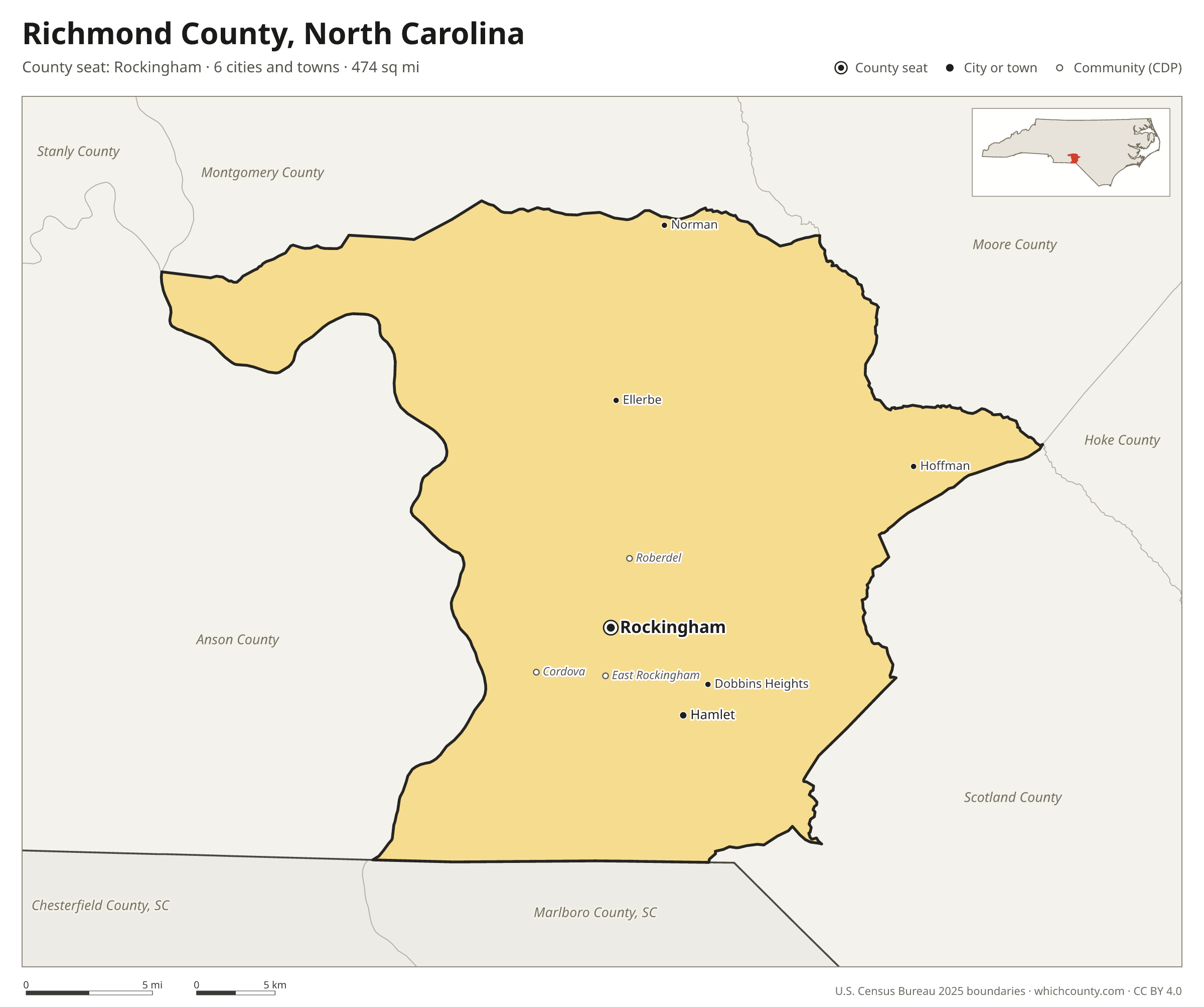 Map of Richmond County, North Carolina with cities, towns and the county boundary