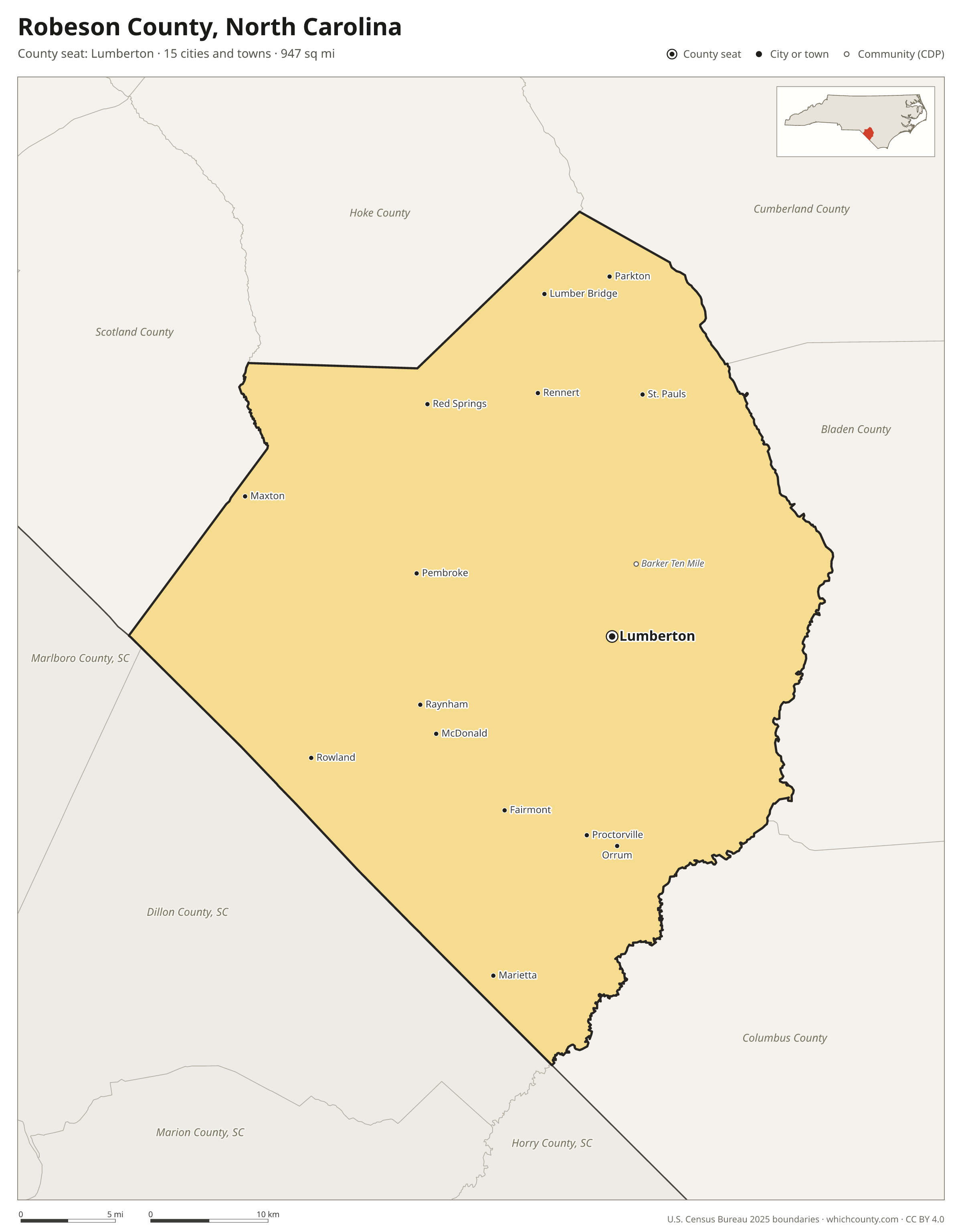 Map of Robeson County, North Carolina with cities, towns and the county boundary