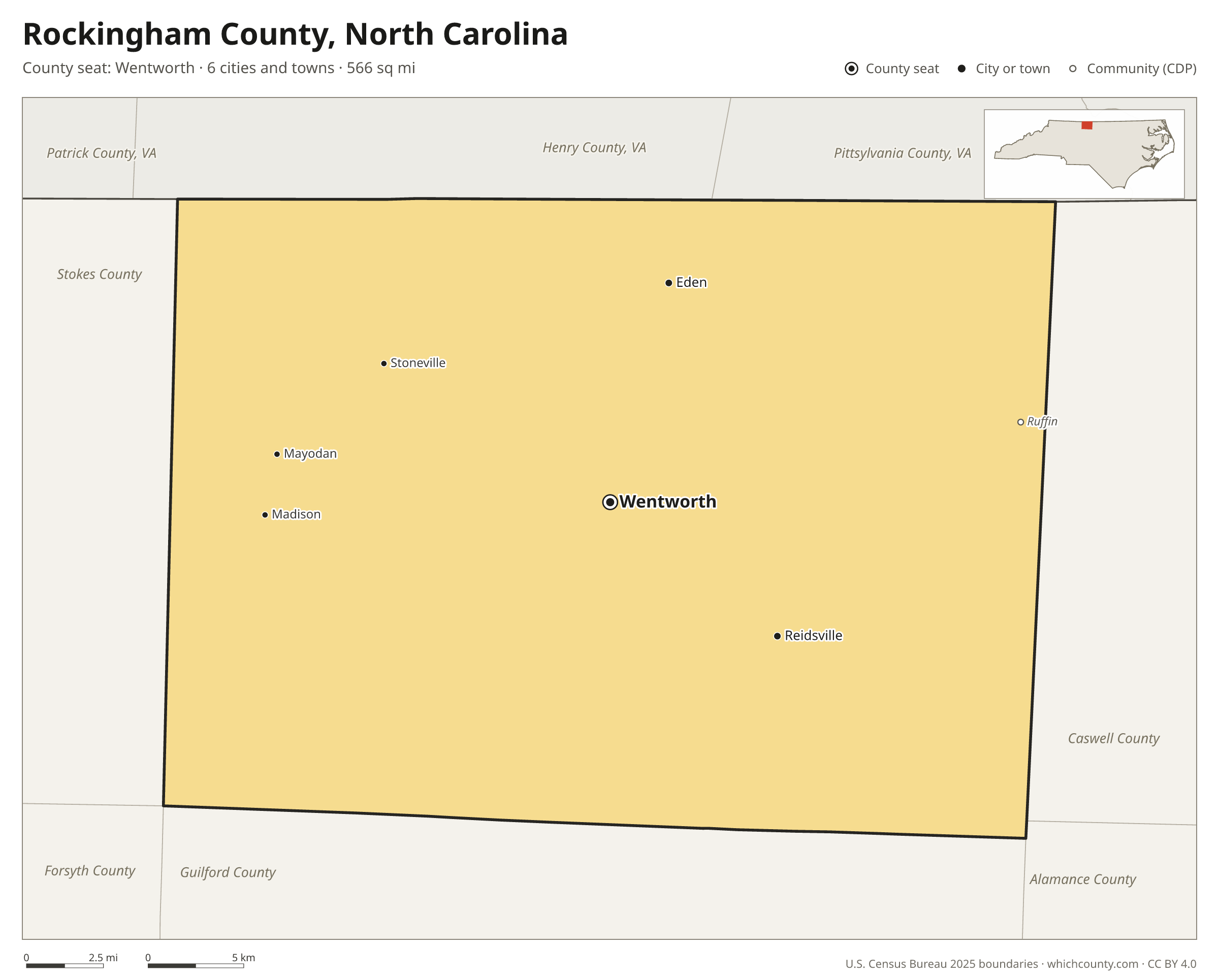 Map of Rockingham County, North Carolina with cities, towns and the county boundary