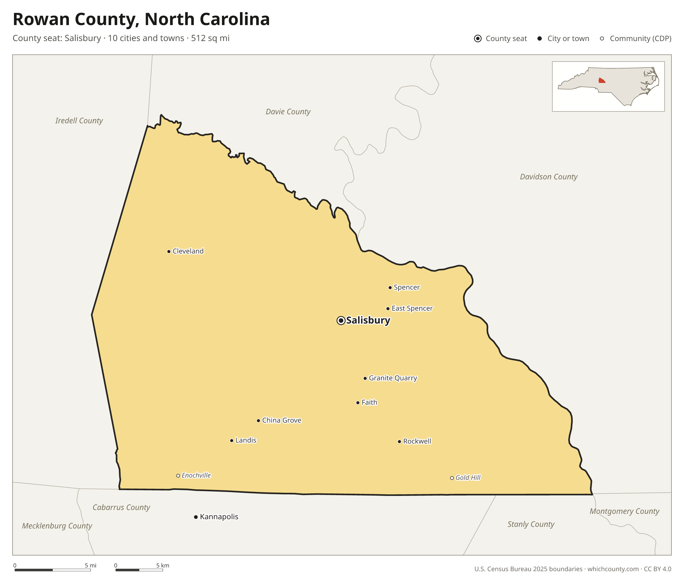 Map of Rowan County, North Carolina with cities, towns and the county boundary
