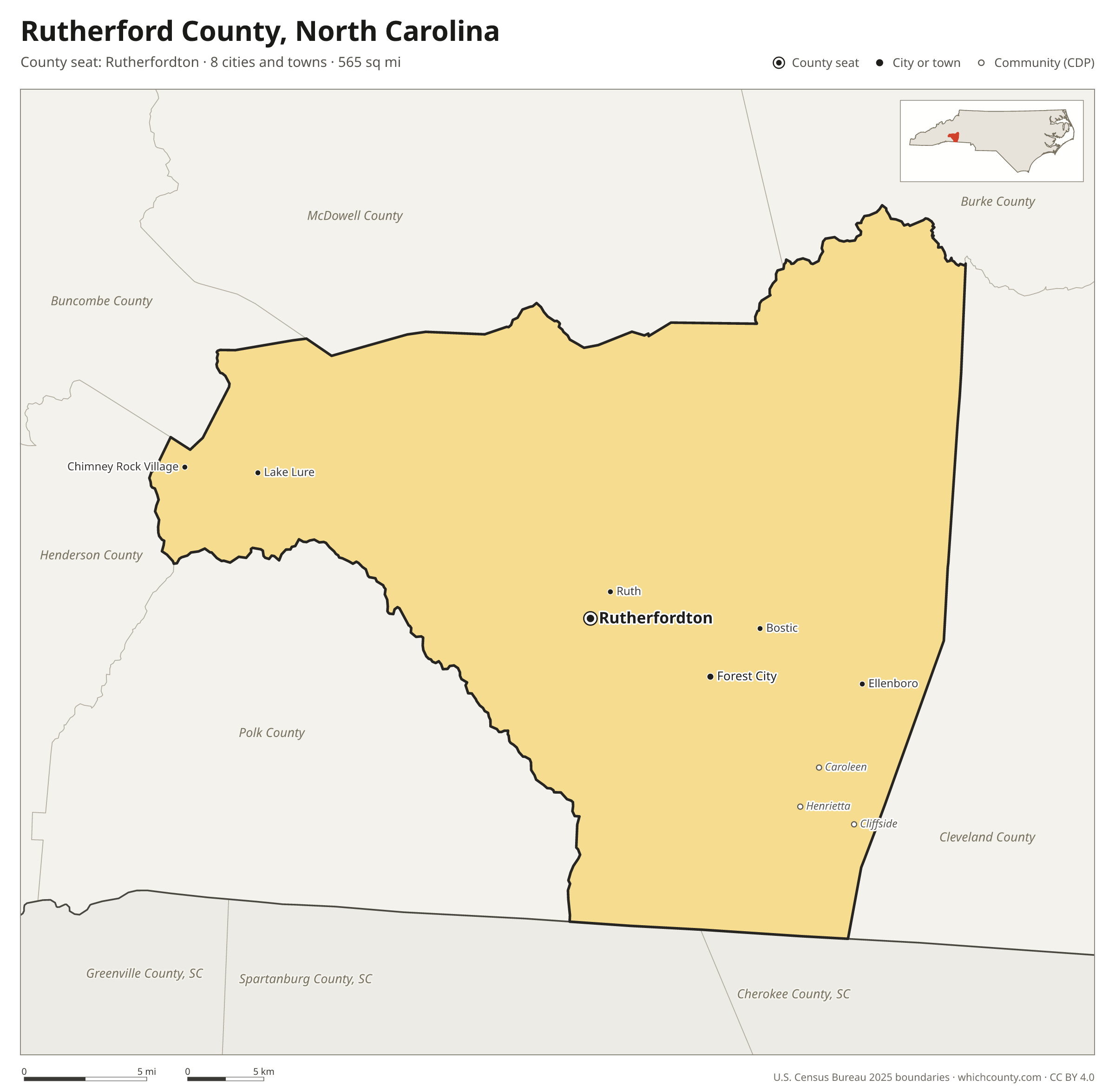 Map of Rutherford County, North Carolina with cities, towns and the county boundary