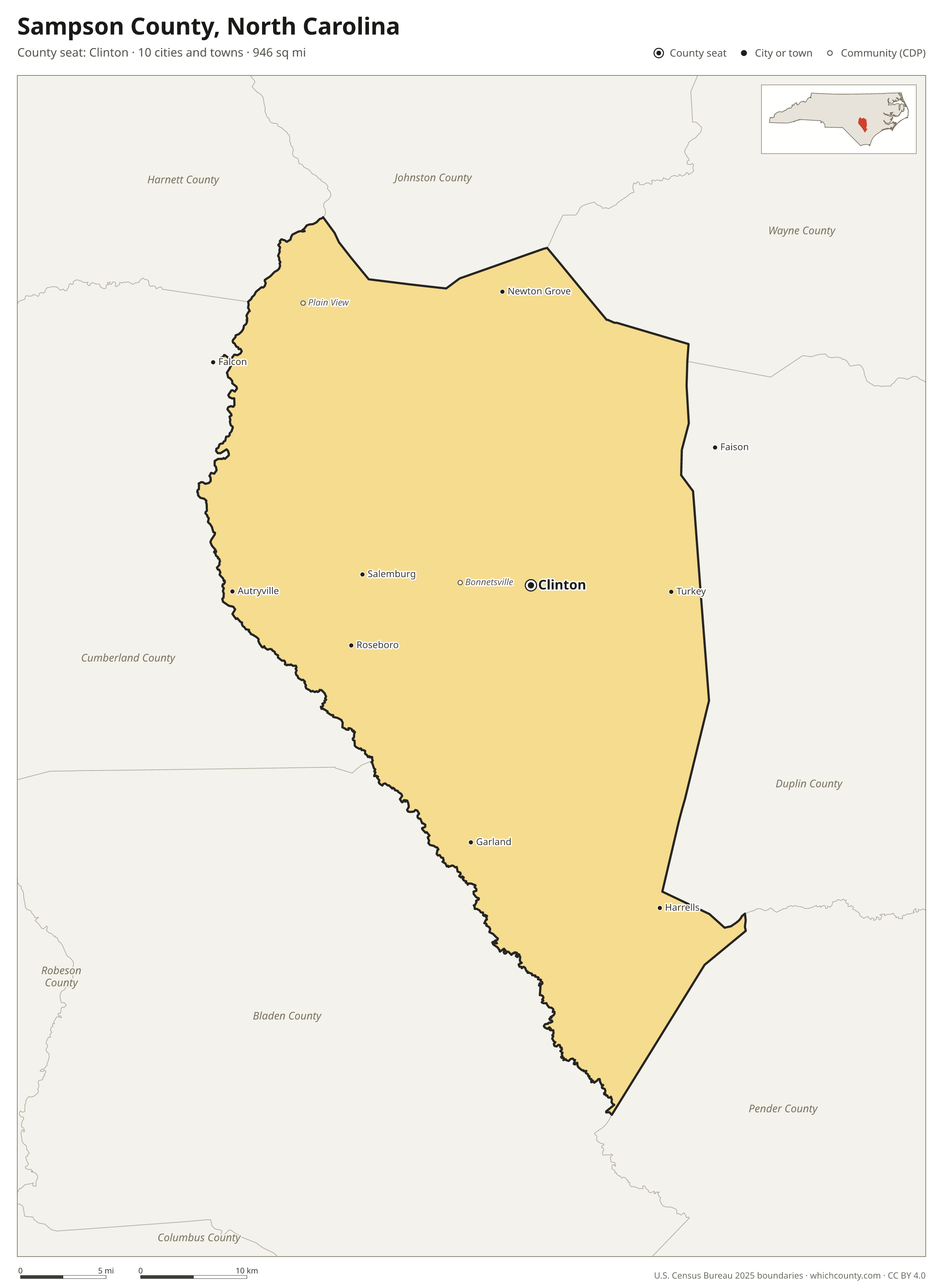 Map of Sampson County, North Carolina with cities, towns and the county boundary