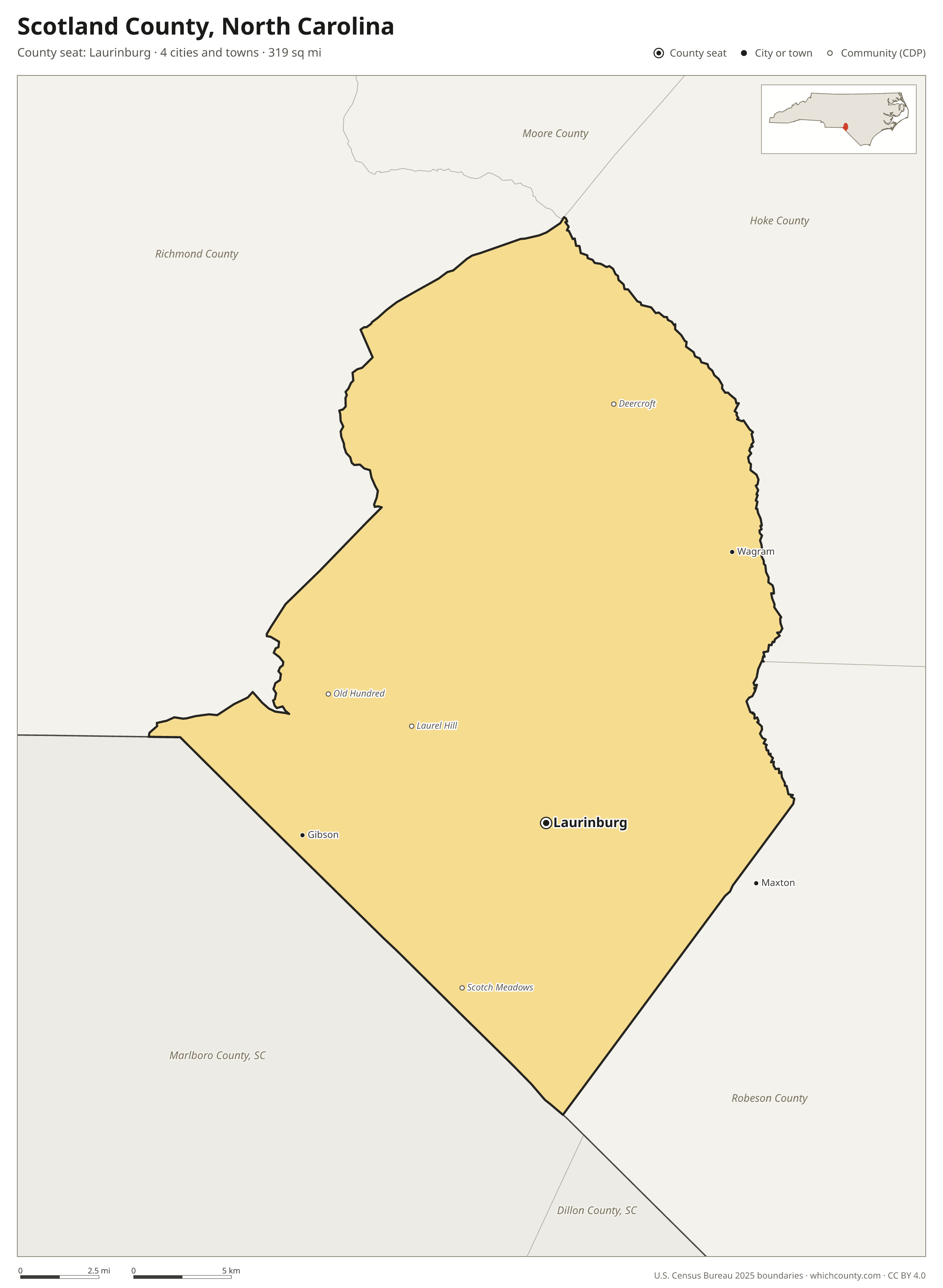 Map of Scotland County, North Carolina with cities, towns and the county boundary