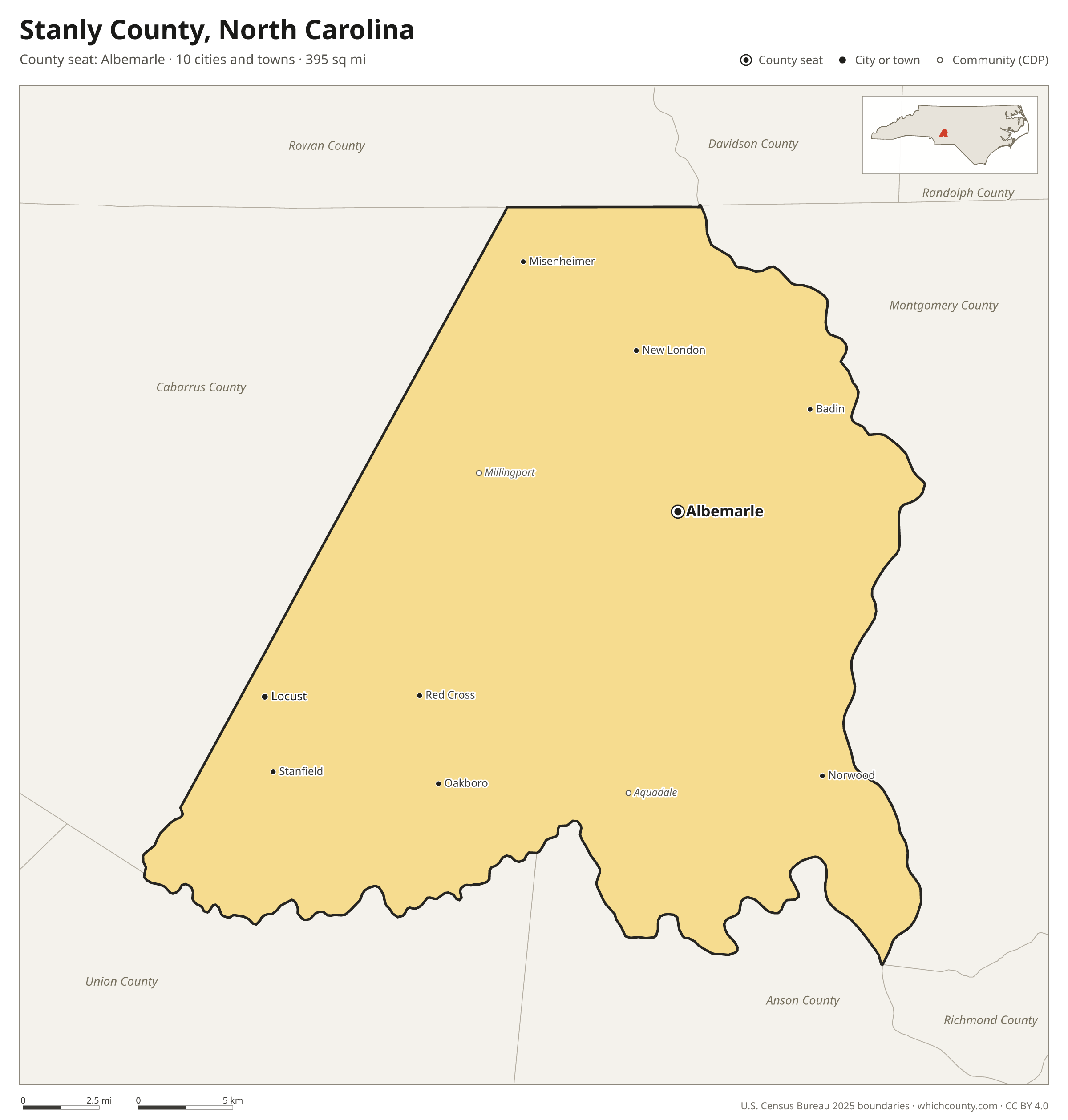 Map of Stanly County, North Carolina with cities, towns and the county boundary