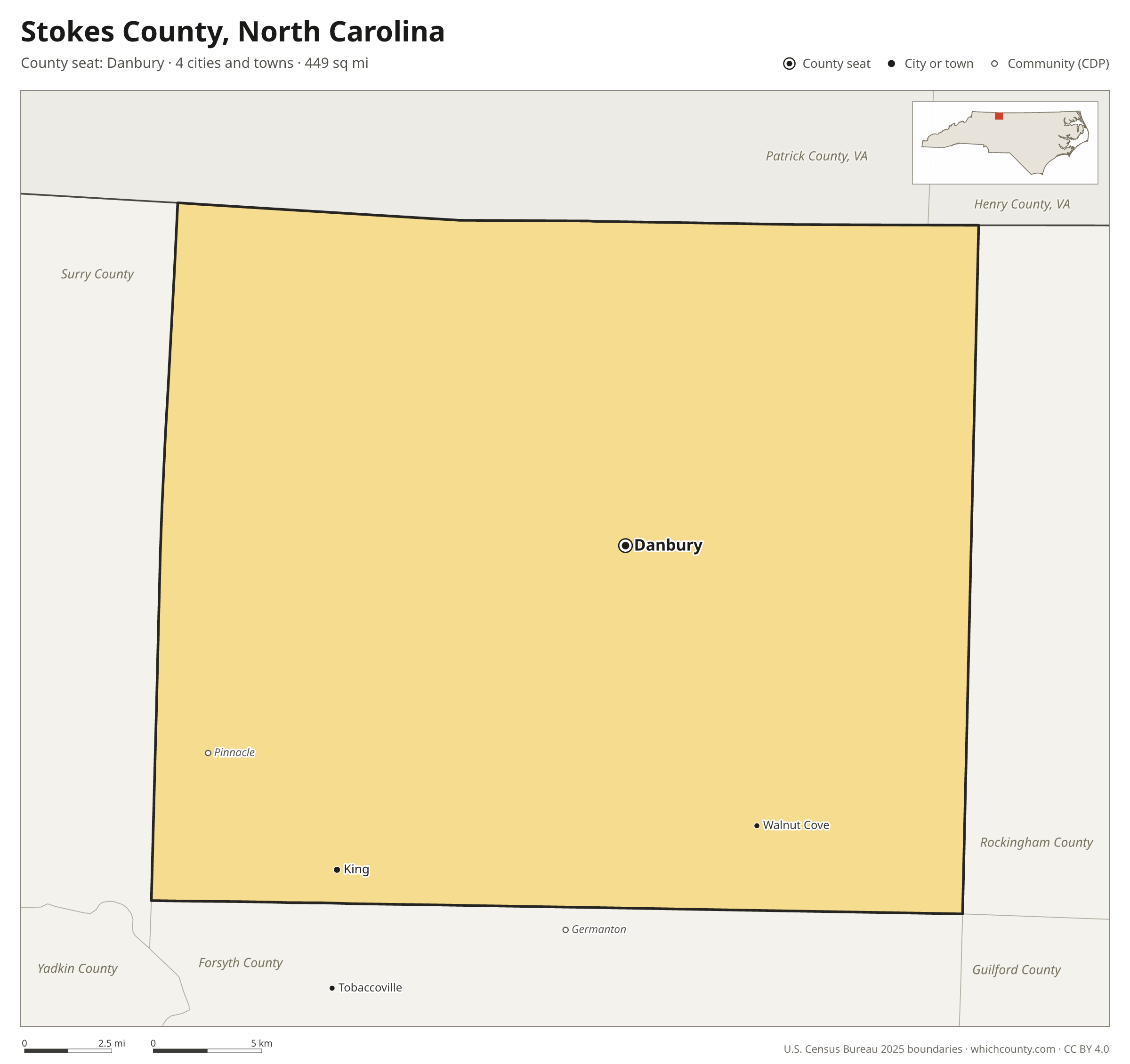 Map of Stokes County, North Carolina with cities, towns and the county boundary