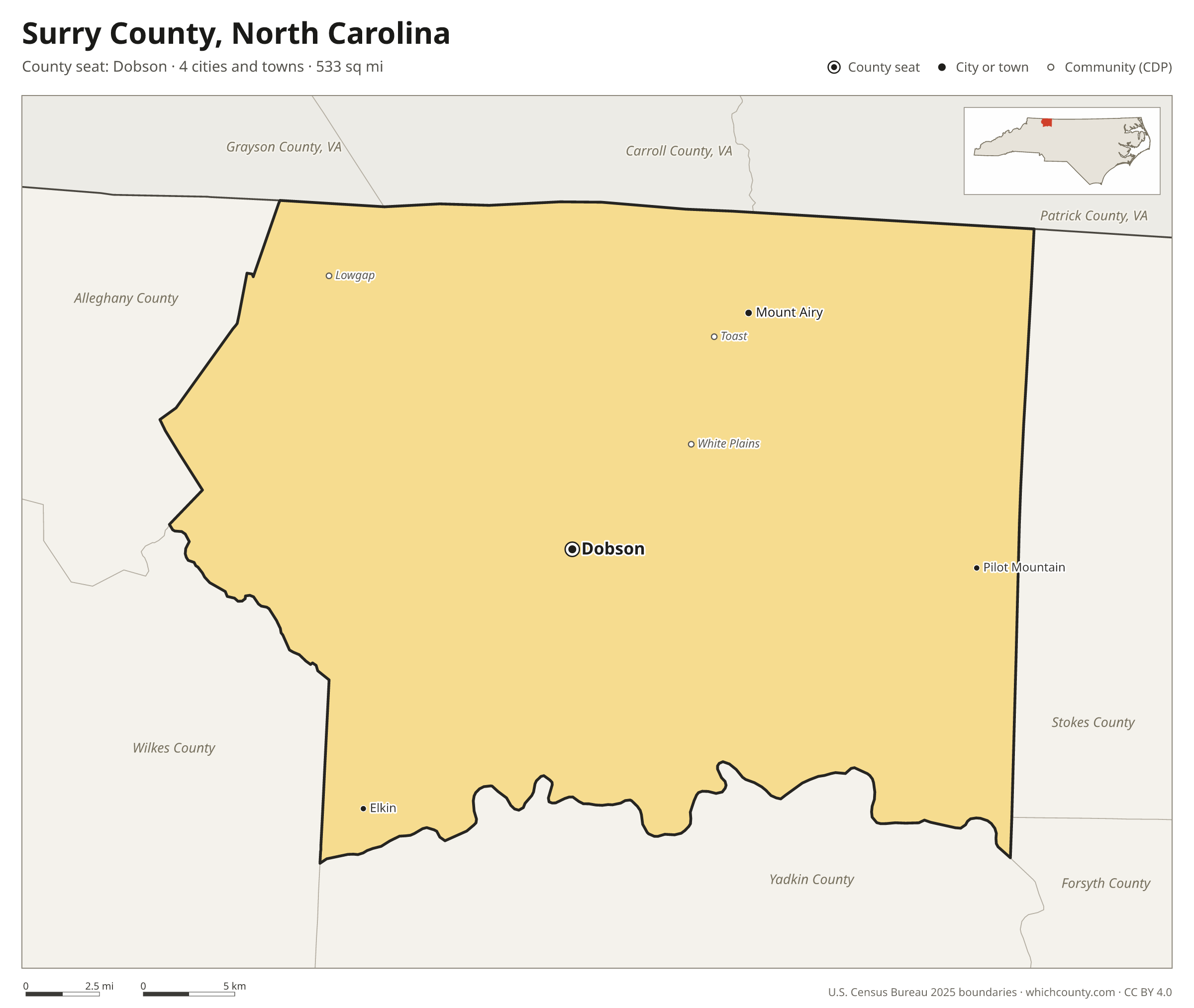 Map of Surry County, North Carolina with cities, towns and the county boundary