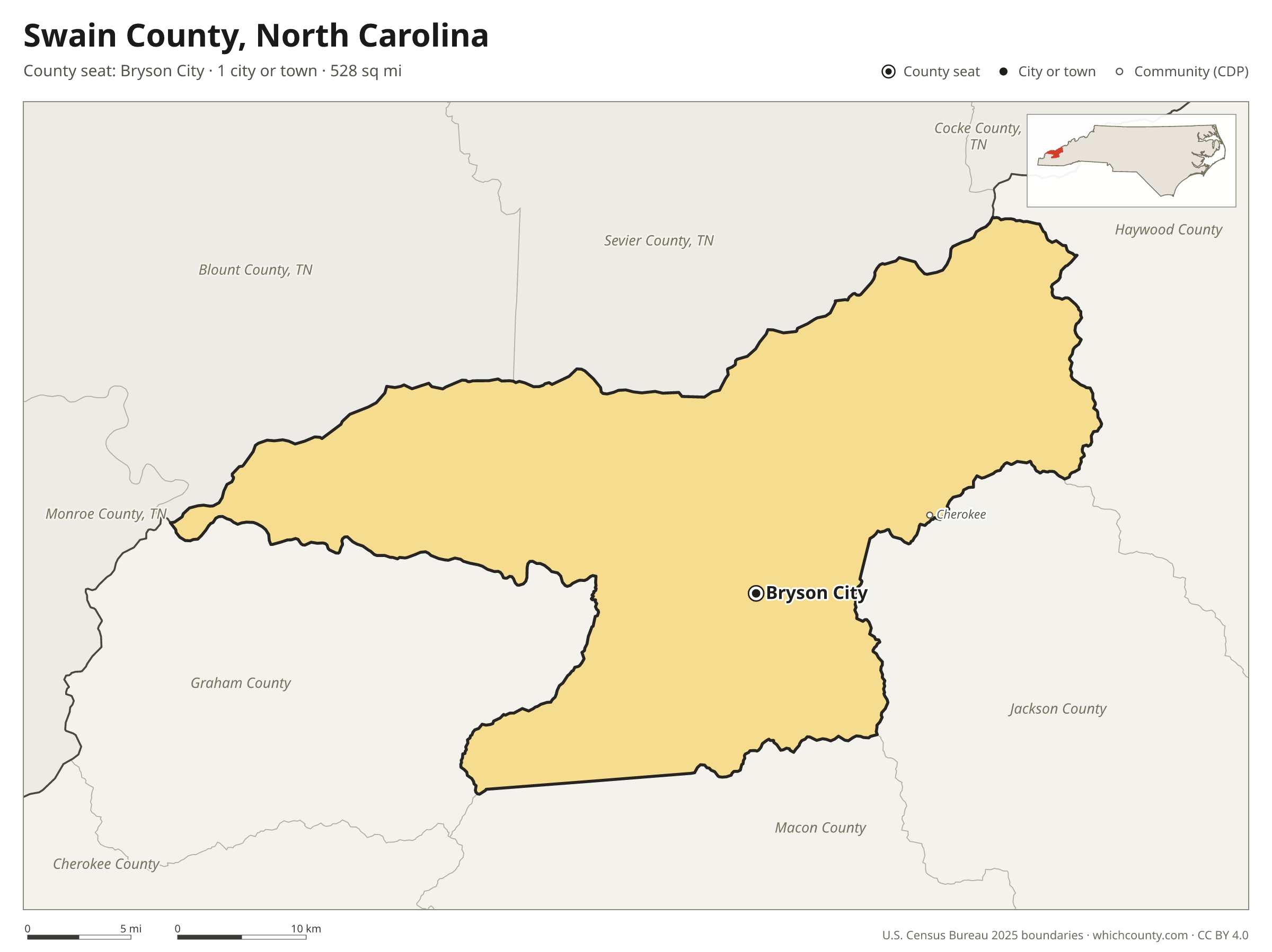 Map of Swain County, North Carolina with cities, towns and the county boundary