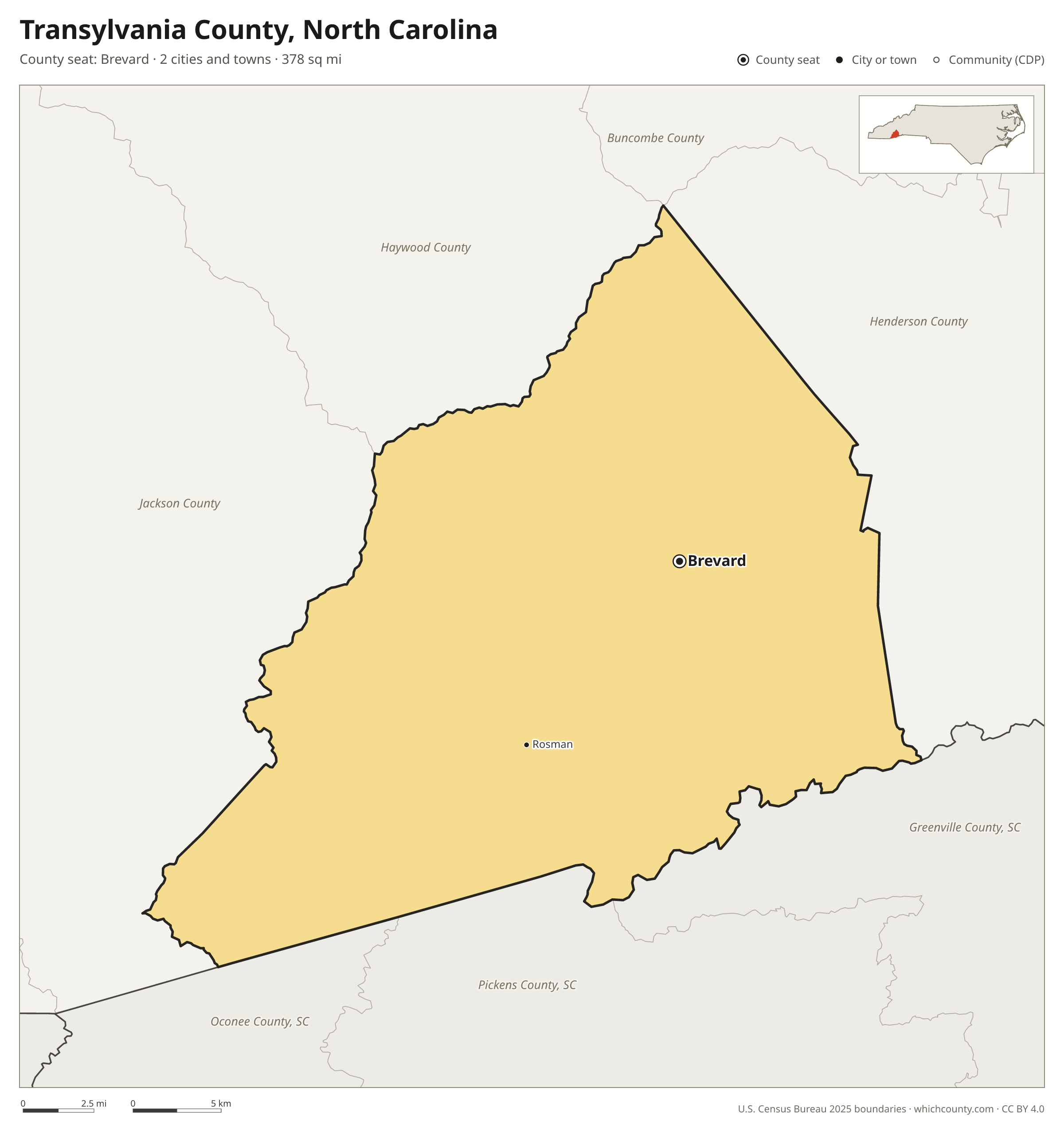 Map of Transylvania County, North Carolina with cities, towns and the county boundary