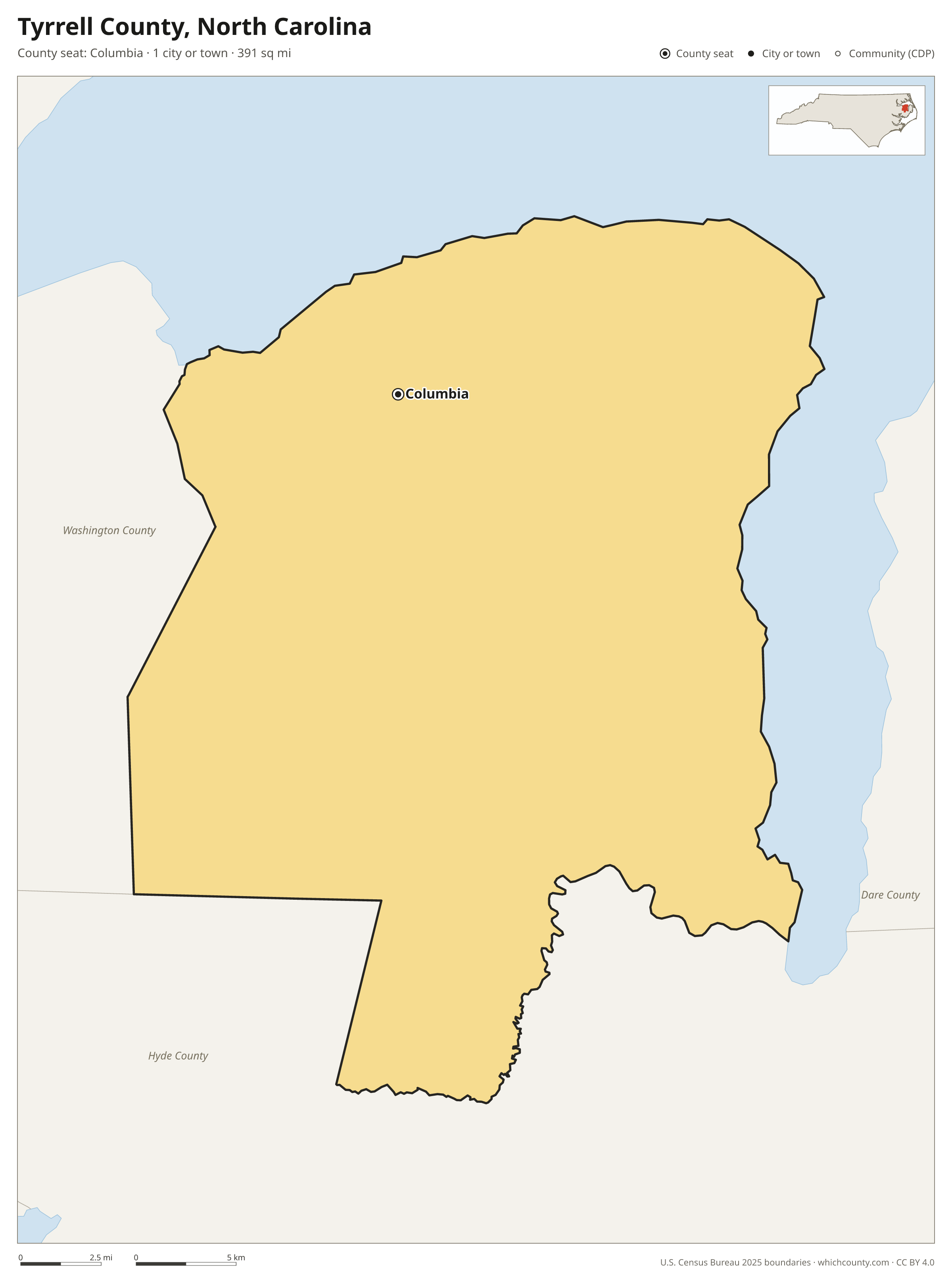 Map of Tyrrell County, North Carolina with cities, towns and the county boundary
