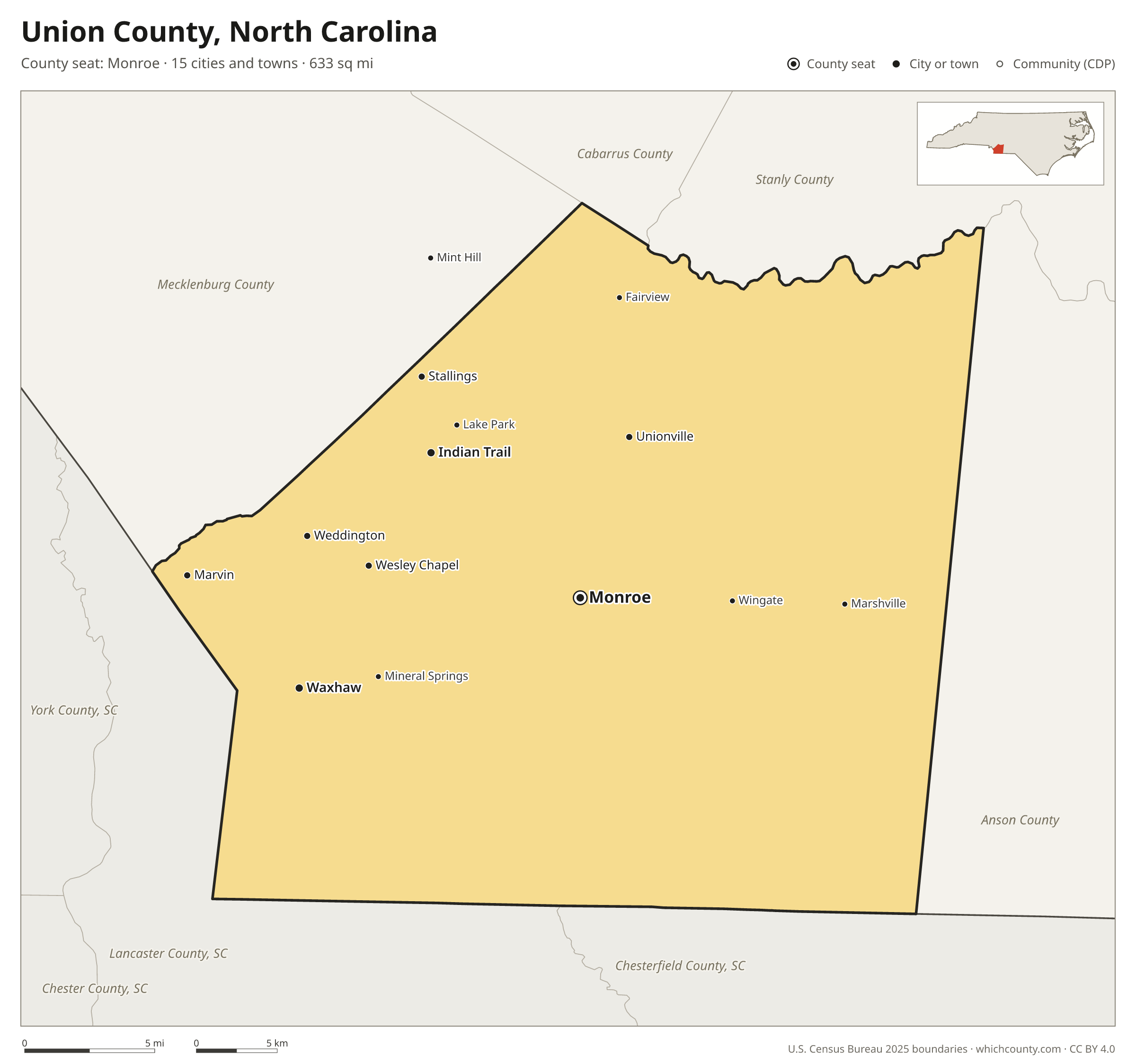 Map of Union County, North Carolina with cities, towns and the county boundary