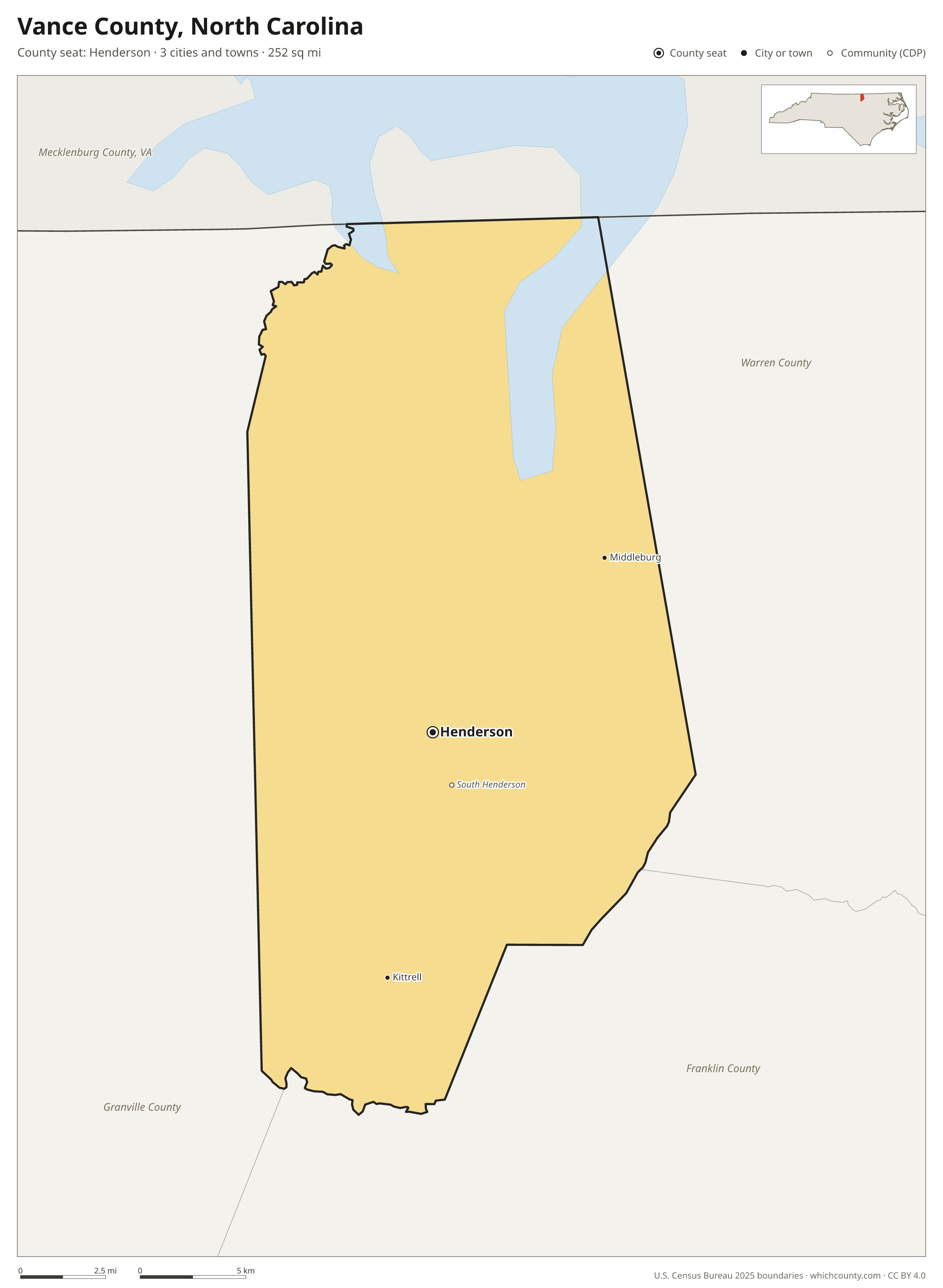 Map of Vance County, North Carolina with cities, towns and the county boundary