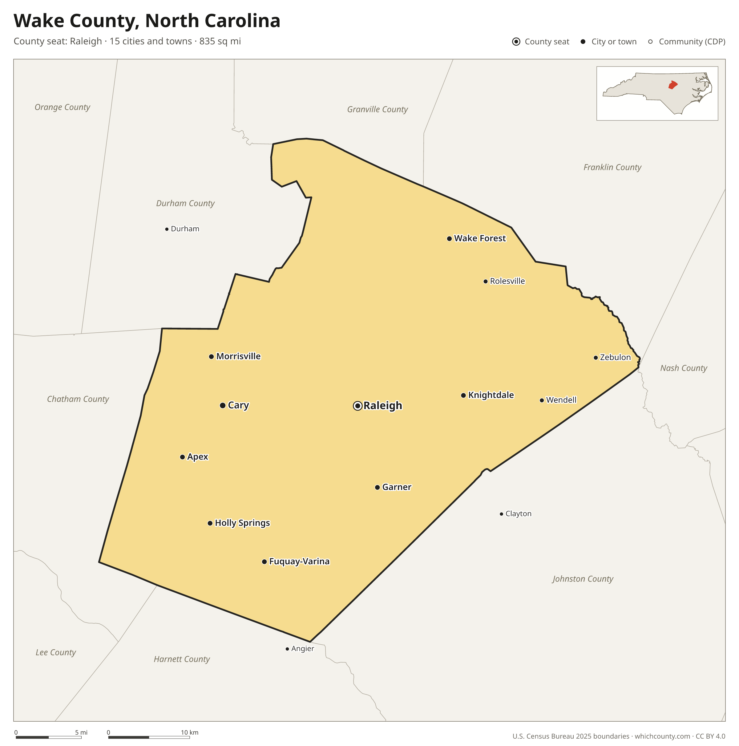 Map of Wake County, North Carolina with cities, towns and the county boundary