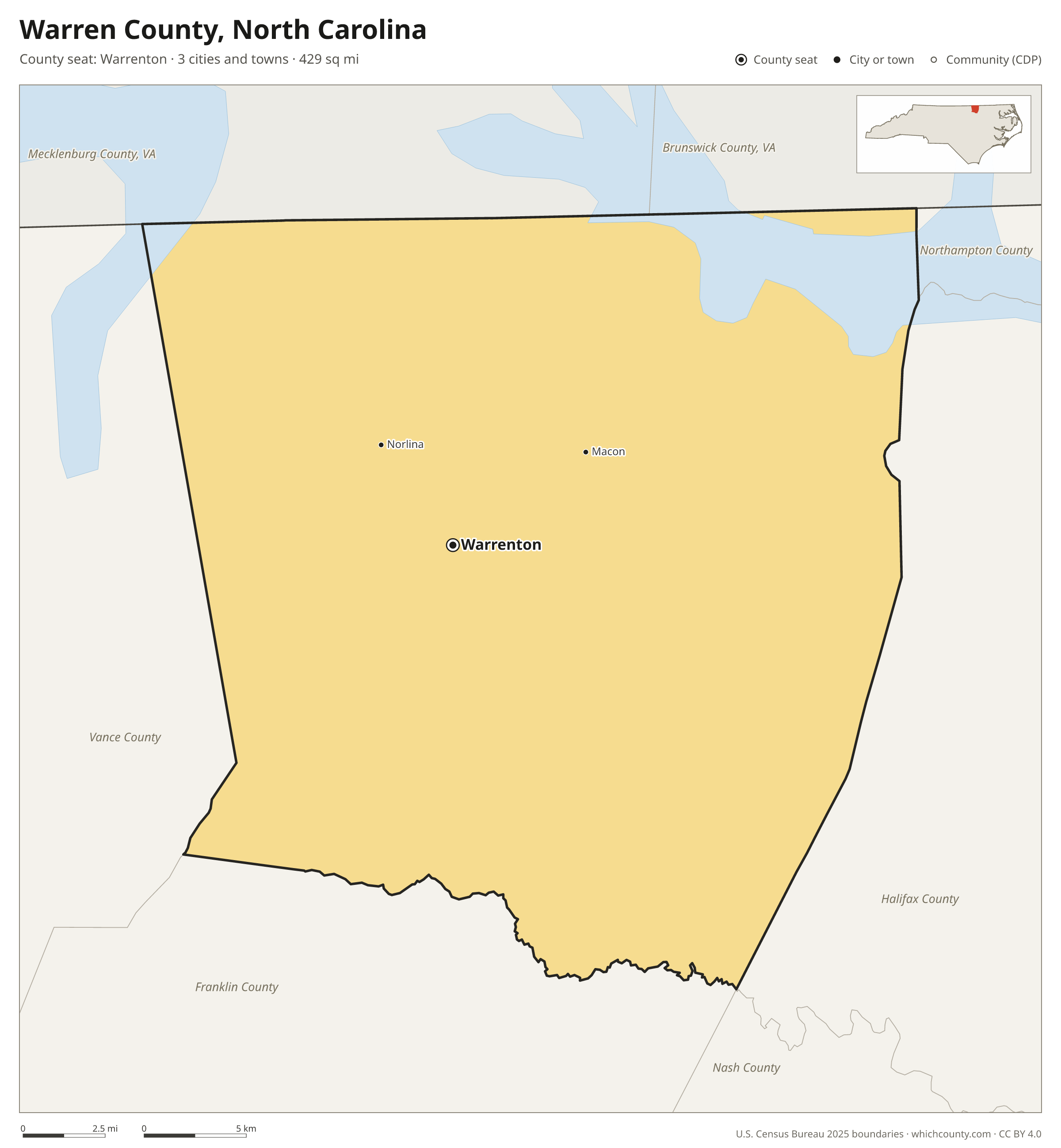 Map of Warren County, North Carolina with cities, towns and the county boundary