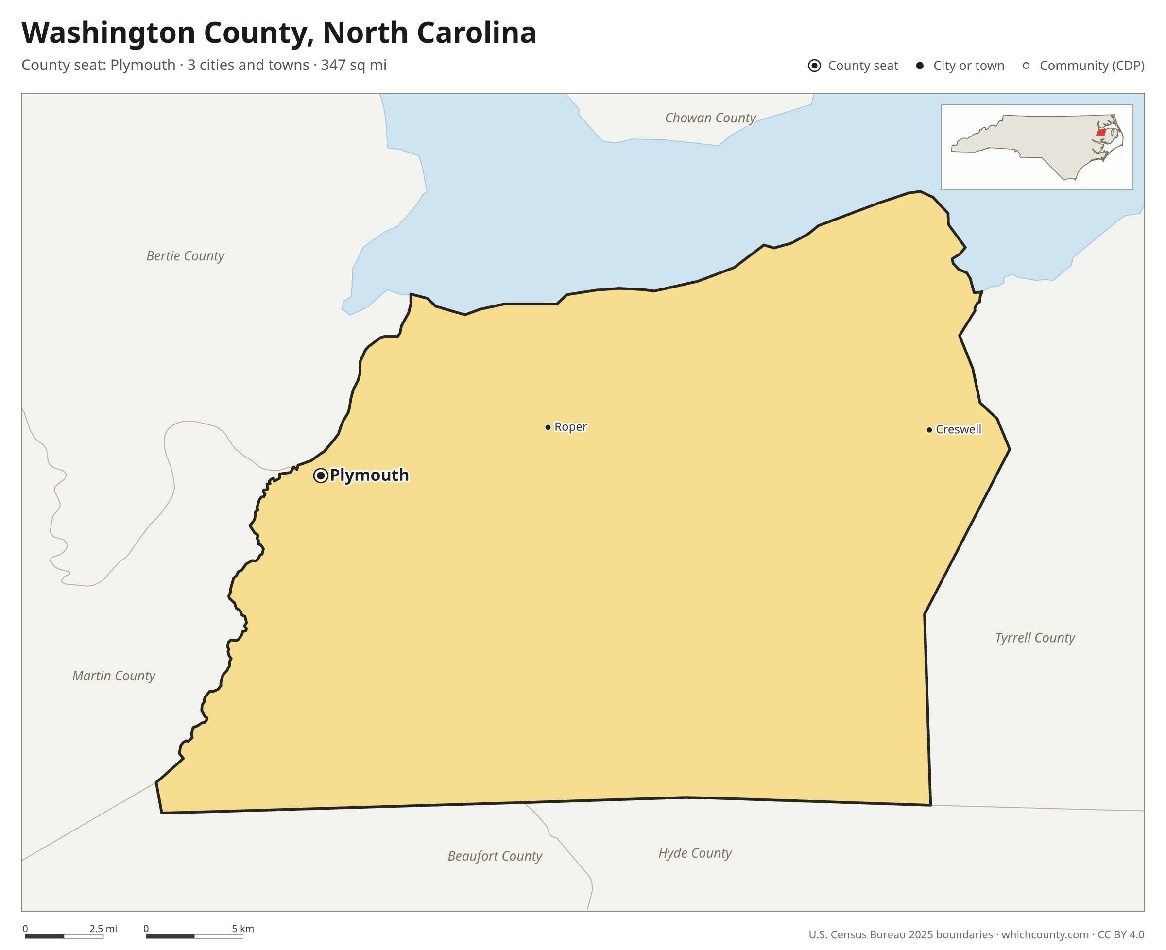 Map of Washington County, North Carolina with cities, towns and the county boundary