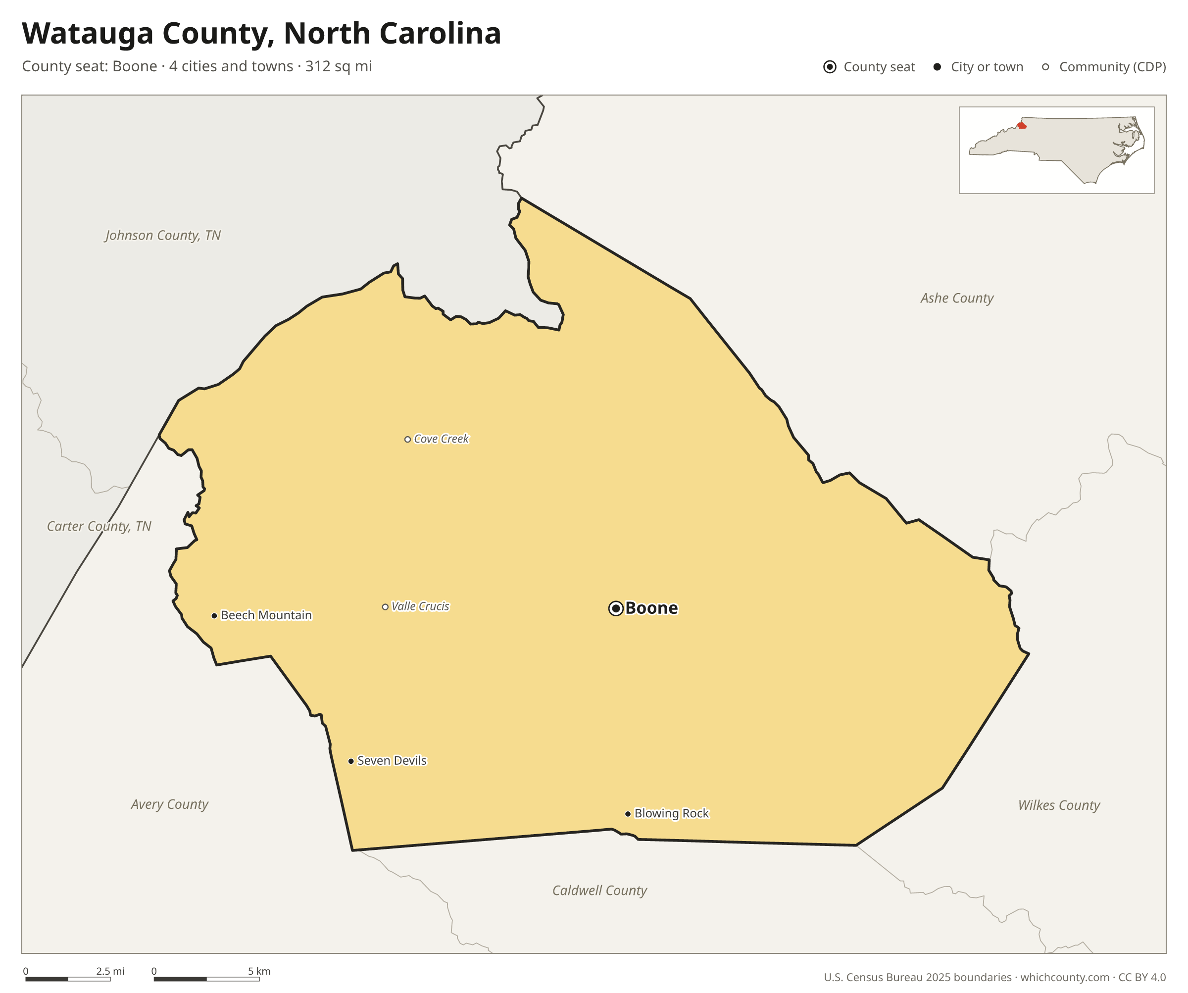 Map of Watauga County, North Carolina with cities, towns and the county boundary