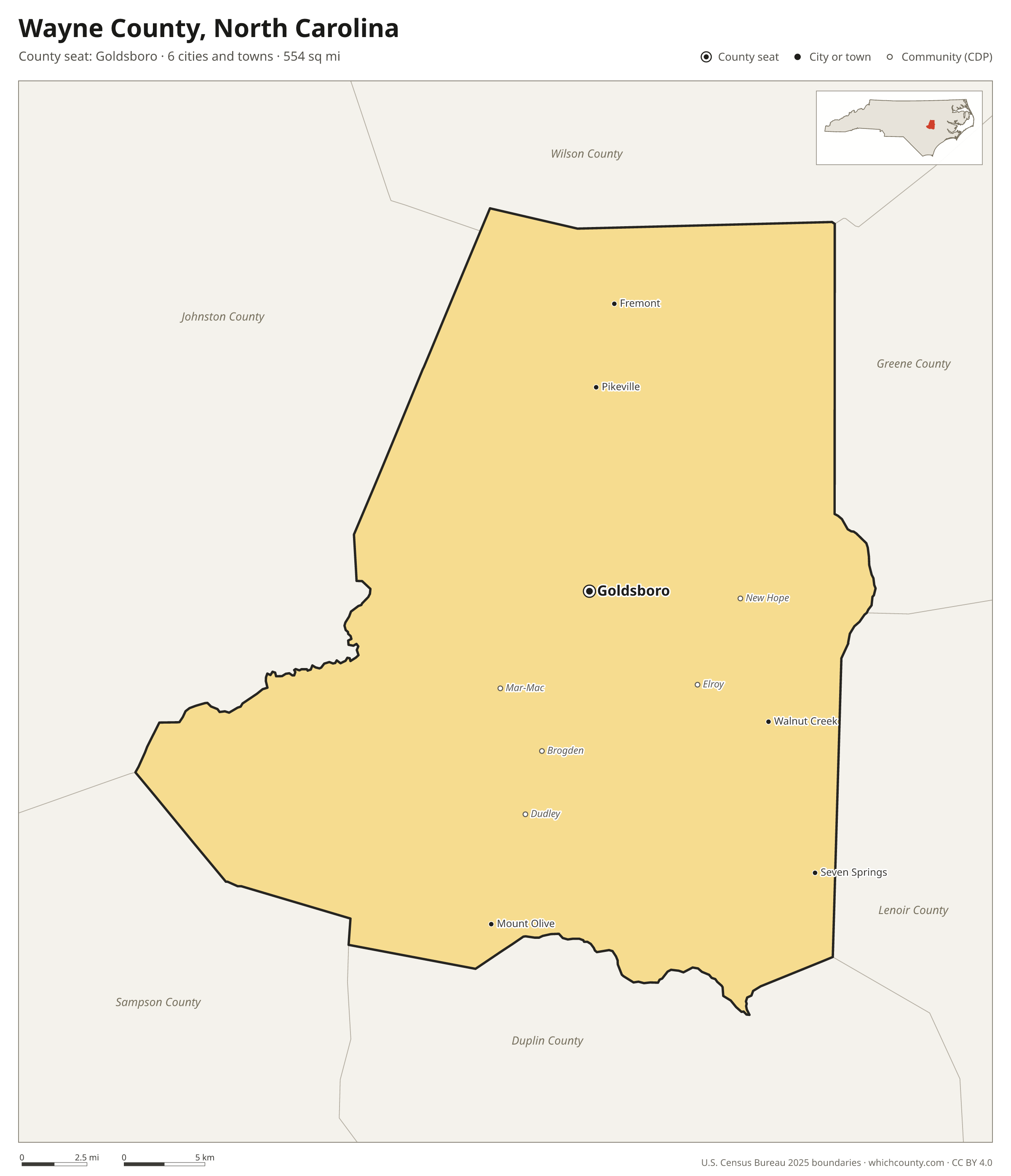 Map of Wayne County, North Carolina with cities, towns and the county boundary