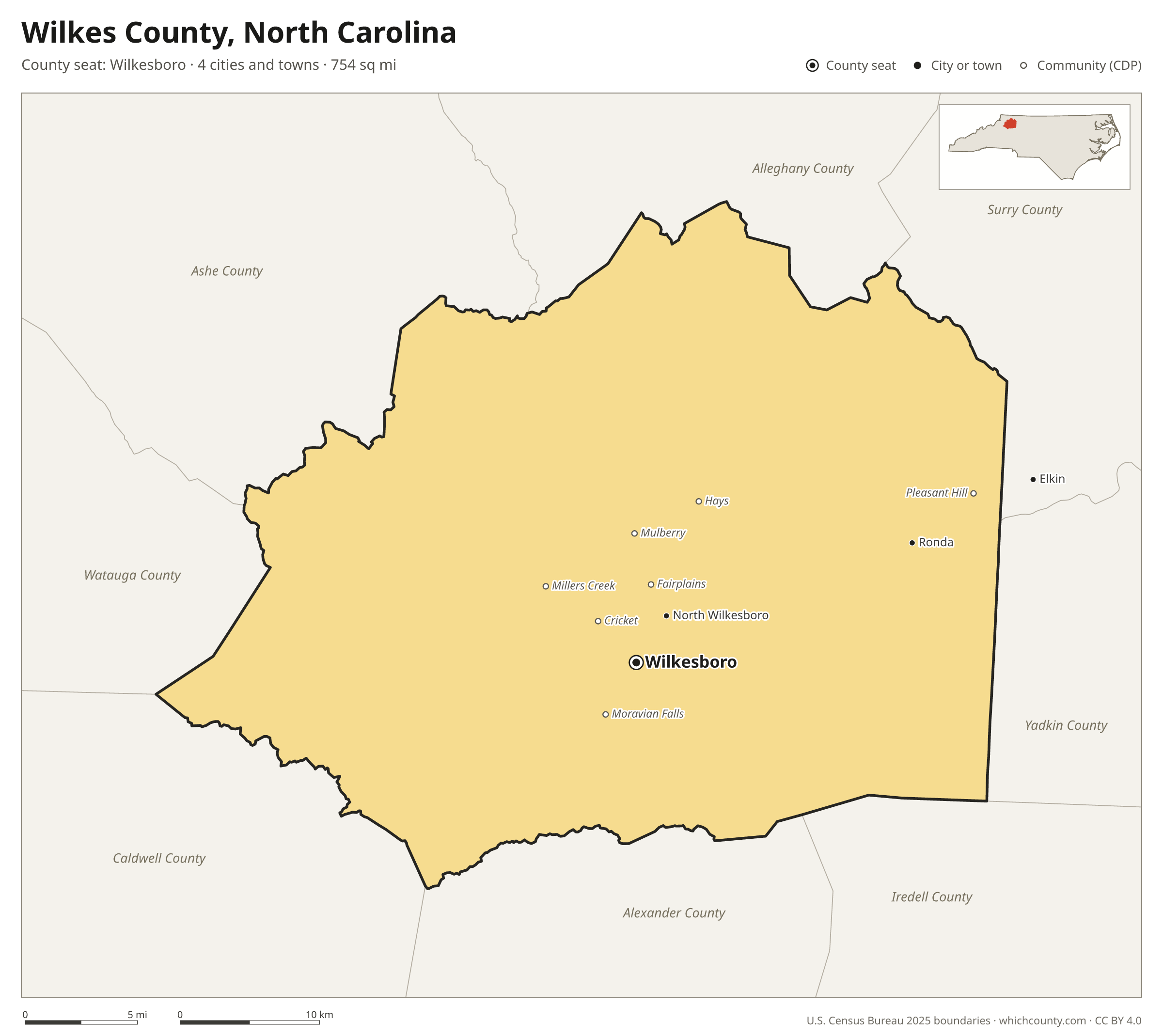 Map of Wilkes County, North Carolina with cities, towns and the county boundary