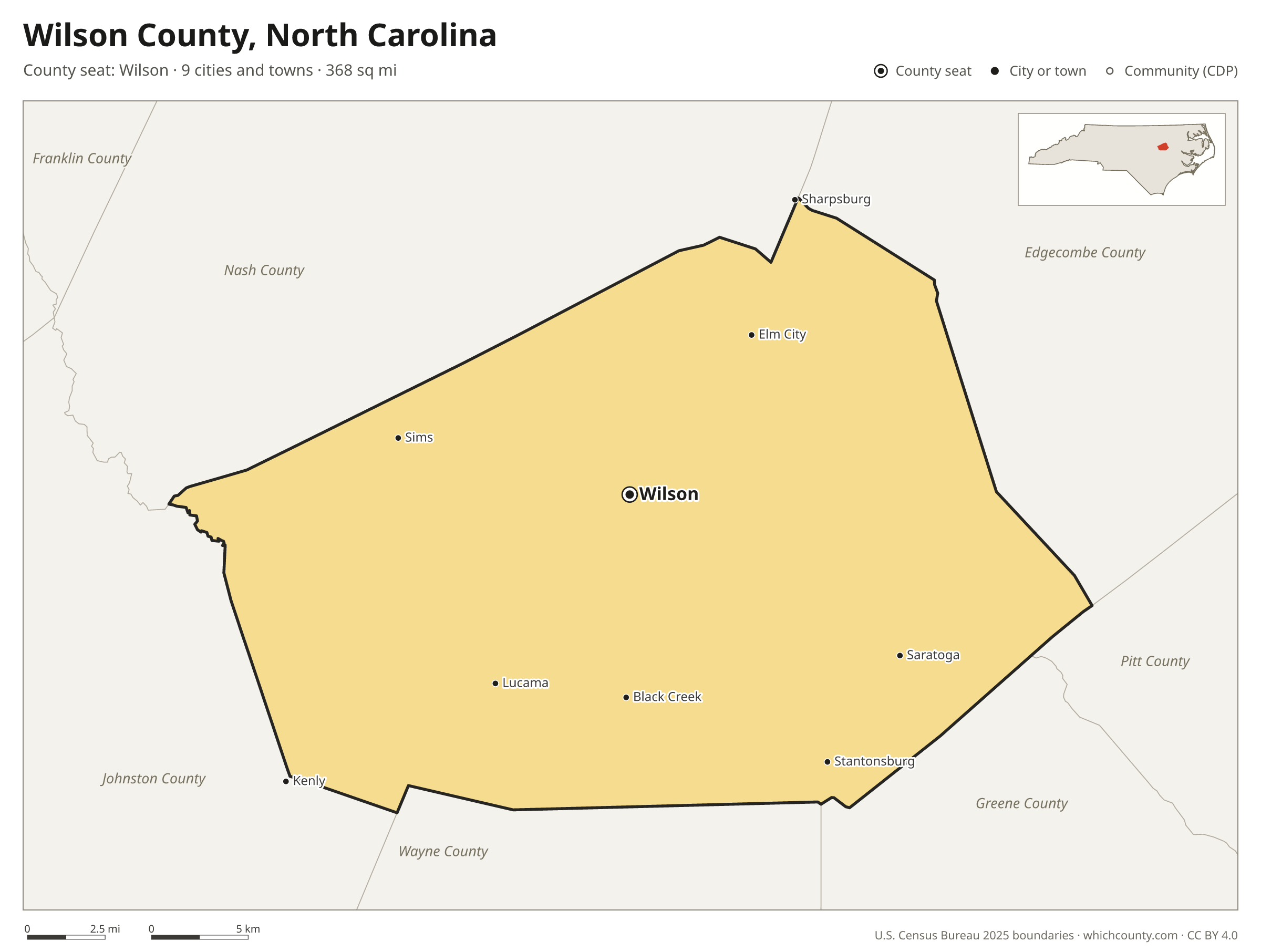 Map of Wilson County, North Carolina with cities, towns and the county boundary
