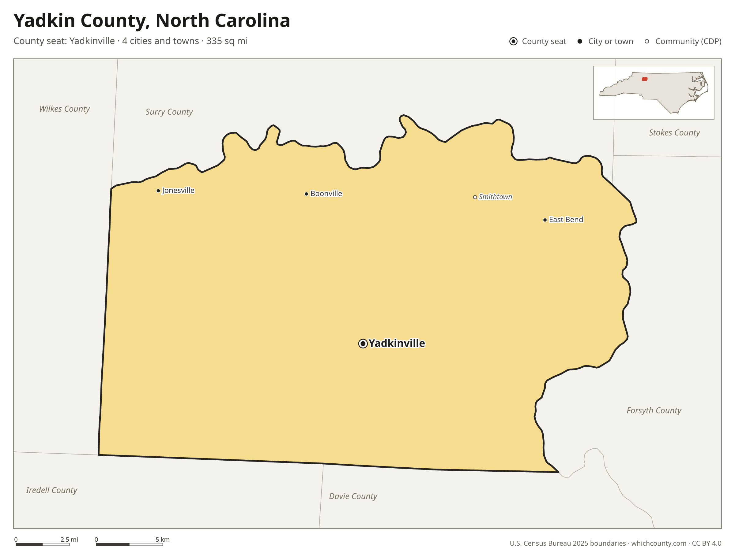 Map of Yadkin County, North Carolina with cities, towns and the county boundary