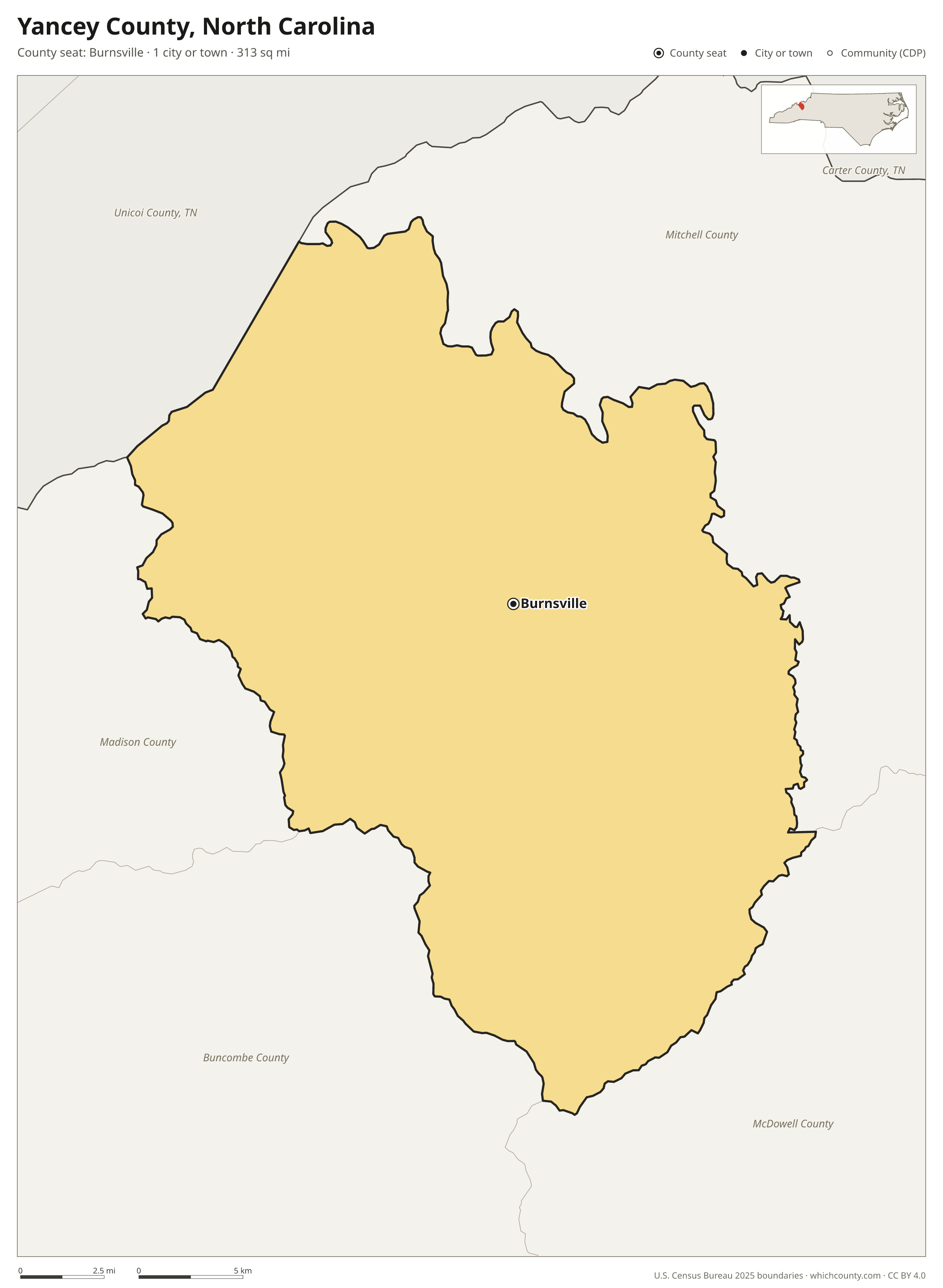 Map of Yancey County, North Carolina with cities, towns and the county boundary