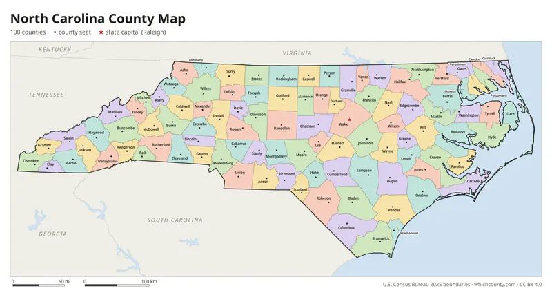 North Carolina county map with all 100 counties labeled