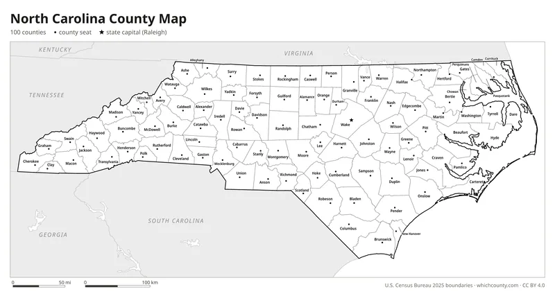 Black and white North Carolina county map