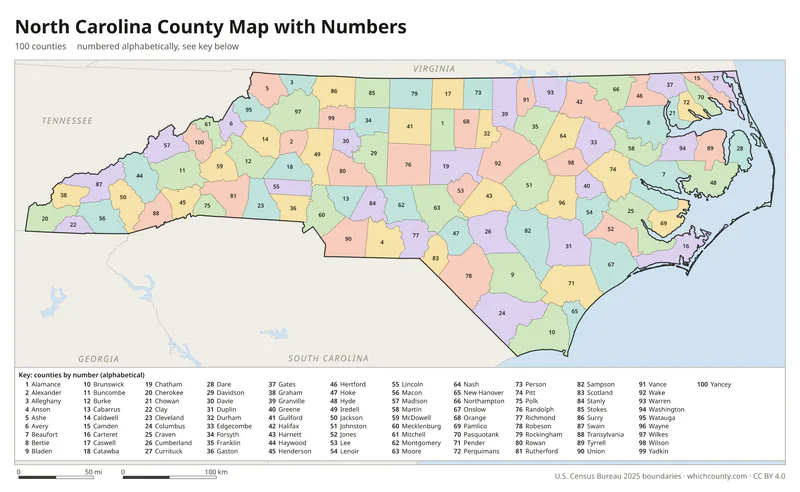 North Carolina county map with numbers