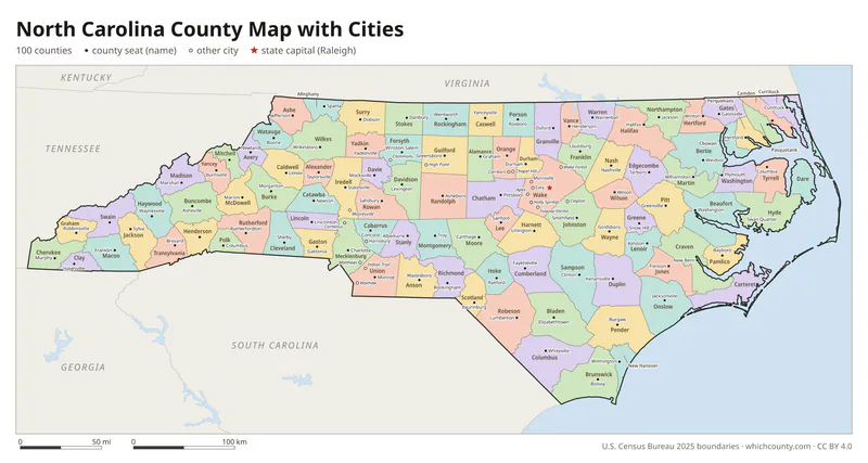 North Carolina county map with cities and county seats