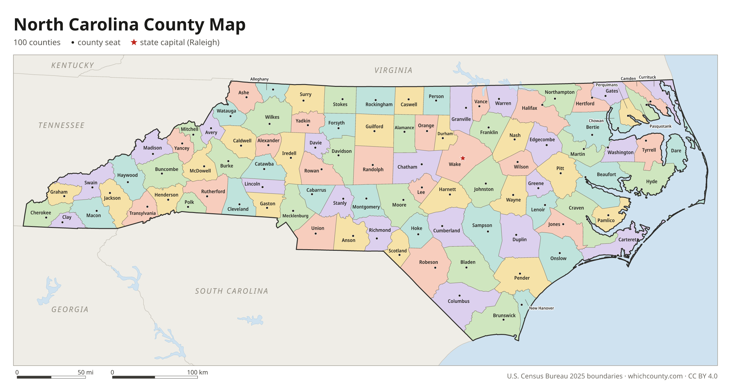 North Carolina county map showing all 100 counties with county names and county seats